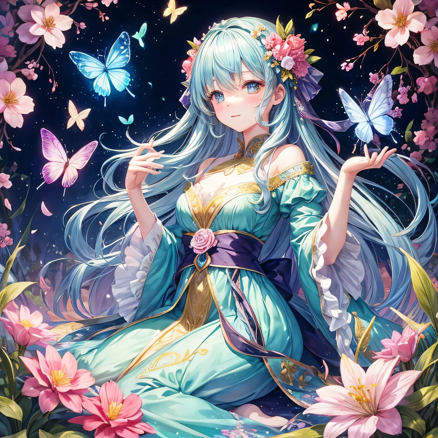 Beautiful girl in fairy costume, Surrounded by flowers and butterflies. content: watercolor. style: Strange and exquisite, Just like the illustrations in a children's book'Book.、Camel toe、Big 、Nipple puffs、cleveage、full、Super big breasts、Super big ass