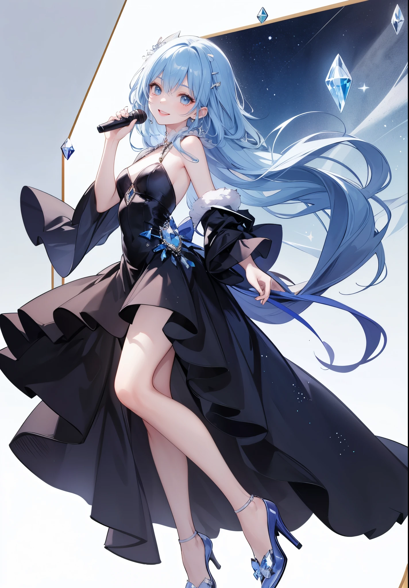 ((Perfect face)),Blue Hair,Long hair,1 female,singer,dress,Crystal Slippers,((simple light background)),((Smile)),((whole body)),((whole body)),a character portrait,Role List,upright,High