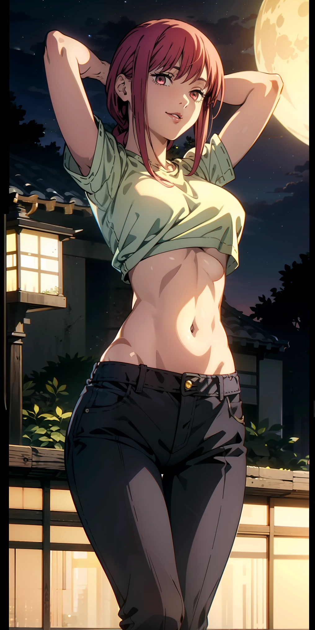 , (masterpiece), (best quality), (ultra-detailed), (extremely detailed cg), (a extremely delicate), (perfect lighting), (8k), (dynamic angle), (sharp image), vibrant colors, female, masterpiece, best quality, depth of field, cinematic lighting, masterpiece, best quality, ultra-detailed, colorful, vibrant, large breasts, thighs, mature female, solo, (masterpiece, best quality, high resolution, animescreencap, anime colored,), (perfect anatomy, beautiful detailed eyes, beautiful detailed body, beautiful breast, shiny skin), a sexy mature anime lady standing outside wearing croptop, (pink croptop), short jeans, shiny legs, navel, smiling, japanese festival, night, moon, stars, looking at viewer, side bangs, red hair, ringed eyes, braided ponytail, side bangs, medium breasts, medium chest, outdoors ,arms above head, red lipstick
