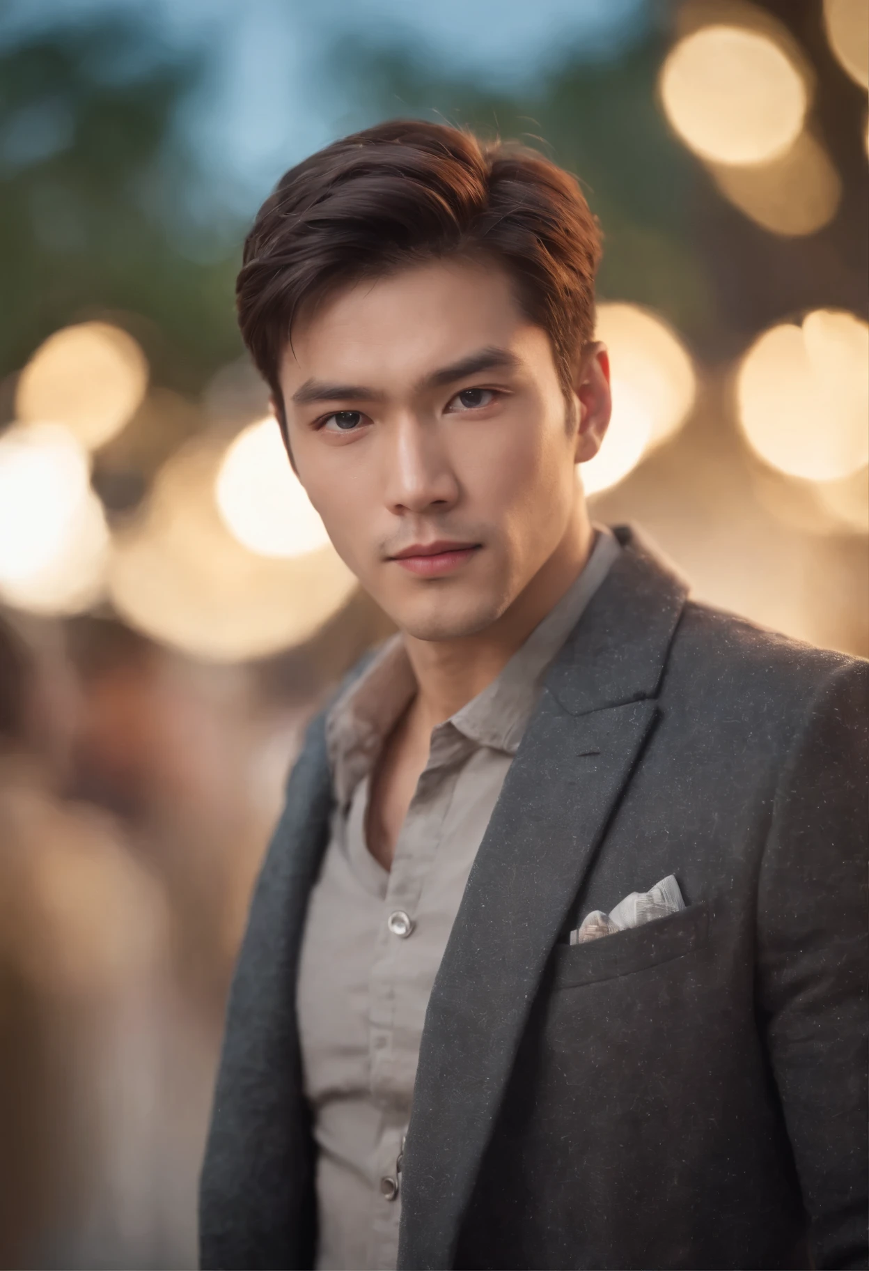 Japanese、240,000、Swimwear、Beautiful full body portrait of a man, Perfect Eyes, Wearing a shabby mecha coat, ((Light bokeh)), complicated, (Steel Metal [Remaining]), elegant, Sharp focus, Photo Park by Greg Rutkowski, Soft lighting, Bright colors, Tabletop, (distance)), Detailed and realistic faces, Face close-up