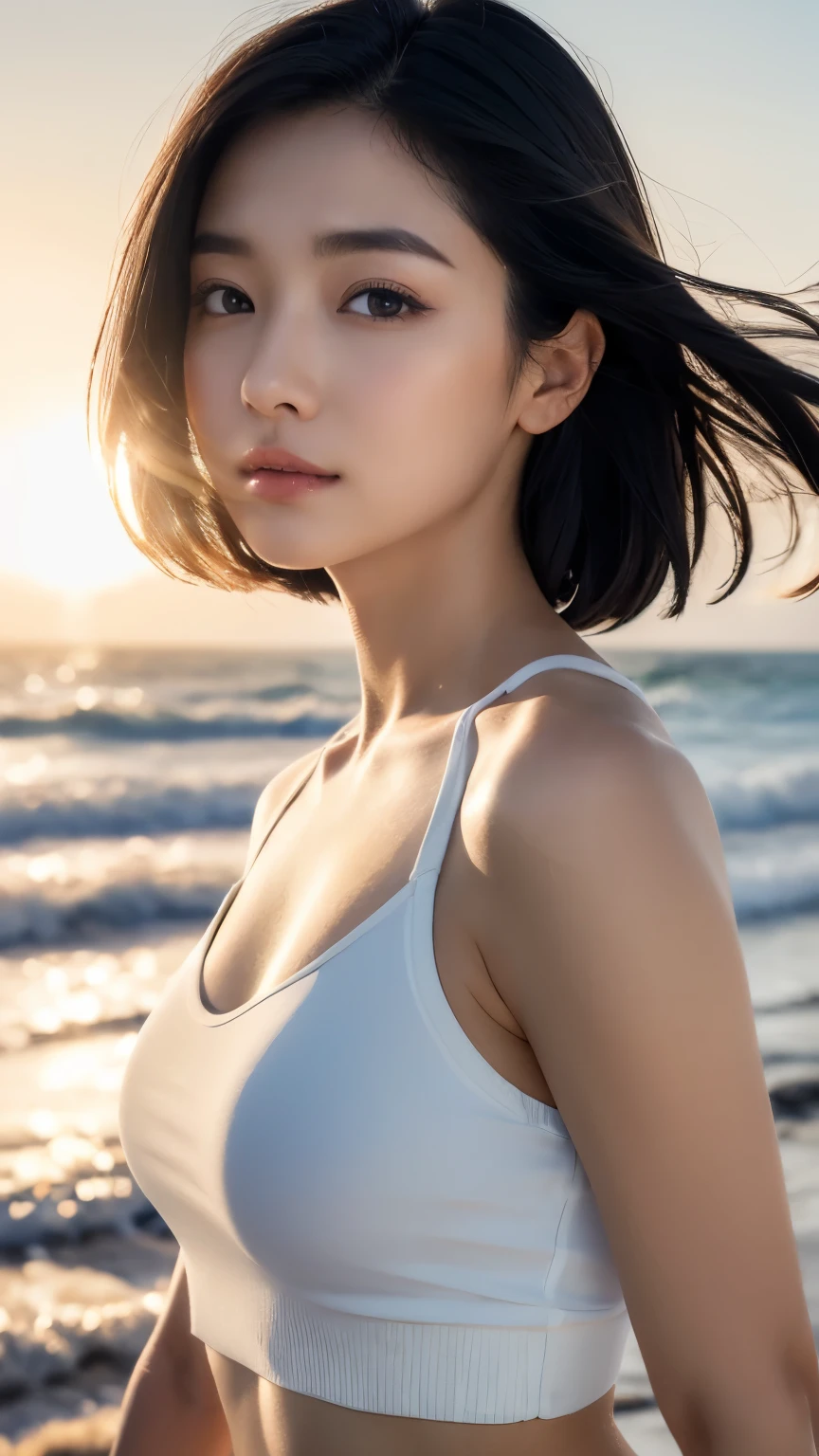 (logo、masterpiece、8k、Tabletop、RAW Photos、wonderful、最high quality、Photorealistic and Very detailed CG integrated 8k wallpaper、high quality、Very detailed、Narrative poem、Particle Effects、Dynamic Effects、Written boundary depth、Cinematic Light、Lens flare、Ray Tracing)、Fantasy、 (One beautiful woman、White pants、White T-shirt、White tube top、White crop top、Black-haired、Beautiful Face、True Face、Beautiful details、eye、Beautiful Skin、Ultimate Body、glamorous)、私の髪はWindに舞う、Hair flutters in Wind、Hair bounces、Seaside、wonderful景色、Coastal、sunrise、Sun in the background、Wind、Beach