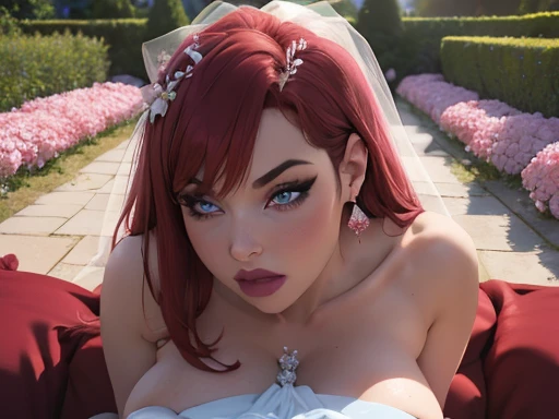 Wedding day, dreamy garden of pink flowers, bride red hair, heavy makeup, eyelashes, red lipstick, crystal blue eyes, high detail white wedding dress, sexy breasts, pink damask roses garden background, amazing sky, pov as