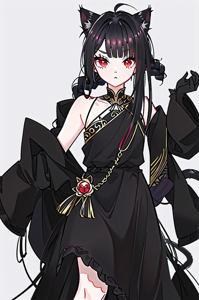 straight ,((Long hair slightly curly，Skip the shoulder, Black Liuhai, There are small black braids on both sides, Cute cat ears, Beautiful fine red eyes,)), A white-haired woman，With a single ponytail，Wearing a tutu., This is very good