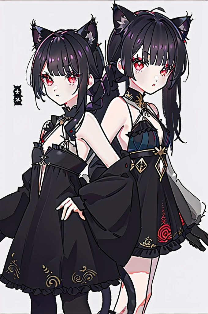 straight ,((Long hair slightly curly，Skip the shoulder, Black Liuhai, There are small black braids on both sides, Cute cat ears, Beautiful fine red eyes,)), A white-haired woman，With a single ponytail，Wearing a tutu., This is very good