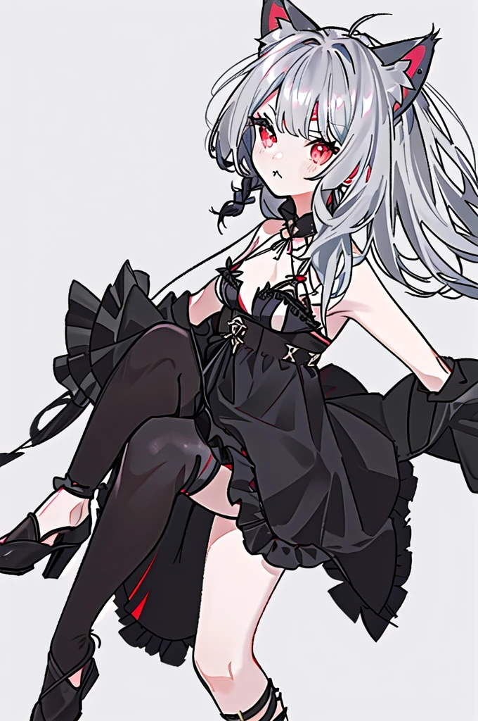 straight ,((Long hair slightly curly,Skip the shoulder, Black Liuhai, There are small black braids on both sides, Cute cat ears, Beautiful fine red eyes,)), A white-haired woman,With a single ponytail,Wearing a tutu., This is very good