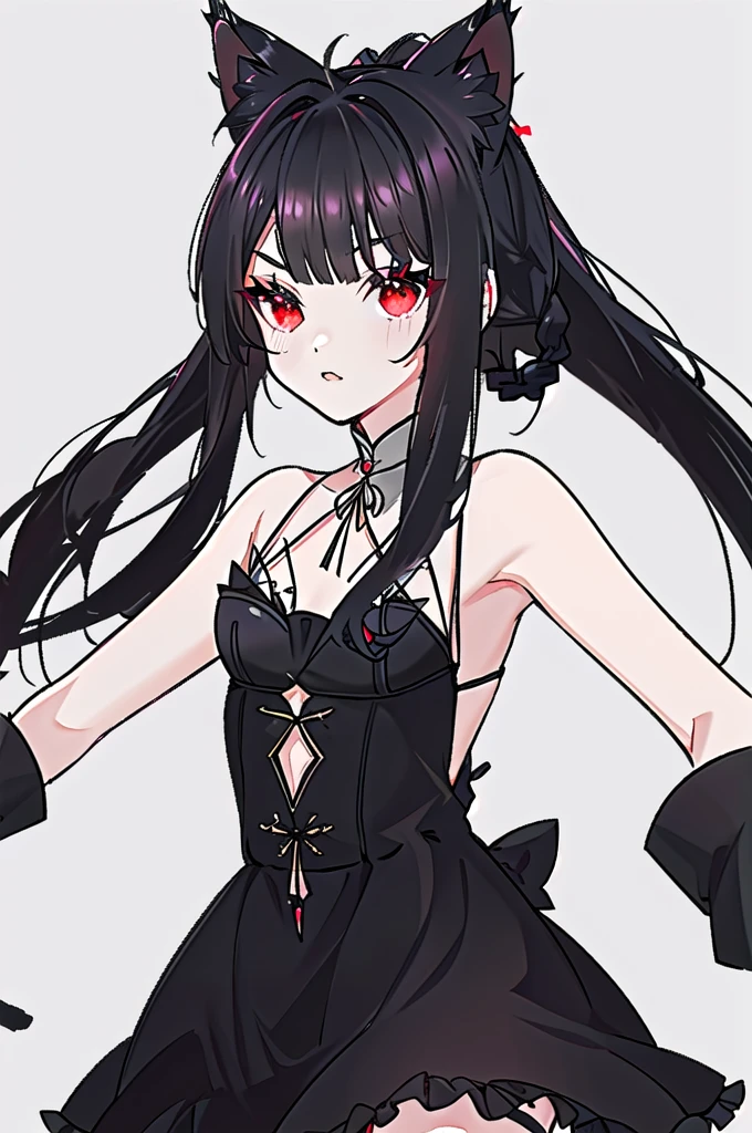 straight ,((Long hair slightly curly，Skip the shoulder, Black Liuhai, There are small black braids on both sides, Cute cat ears, Beautiful fine red eyes,)), A white-haired woman，With a single ponytail，Wearing a tutu., This is very good