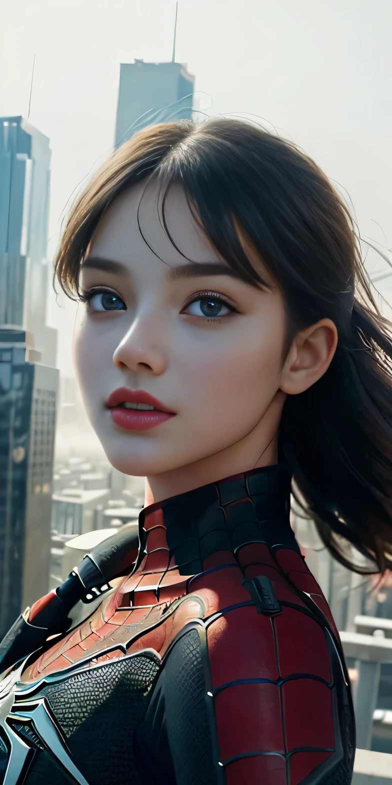 (1girl:1.3), Solo, (((Very detailed face)))), ((Very detailed eyes and face)))), Beautiful detail eyes, Body parts__, Official art, Unified 8k wallpaper, Super detailed, beautiful and beautiful, beautiful, masterpiece, best quality, original, masterpiece, super fine photo, best quality, super high resolution, realistic realism, sunlight, full body portrait, amazing beauty, dynamic pose, delicate face, vibrant eyes, (from the front), She wears Spider-Man suit, red and black color scheme, spider, very detailed city roof background, rooftop, overlooking the city, detailed face, detailed complex busy background, messy, gorgeous, milky white, highly detailed skin, realistic skin details, visible pores, clear focus, volumetric fog, 8k uhd, DSLR, high quality, film grain, fair skin, photo realism, lomography, futuristic dystopian megalopolis, translucent