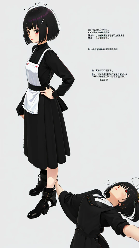 (Short cute girl,Young students,Young delicate girl),(masterpiece,top quality),Black checkered apron,Black medium Bob,Sleepy,White background