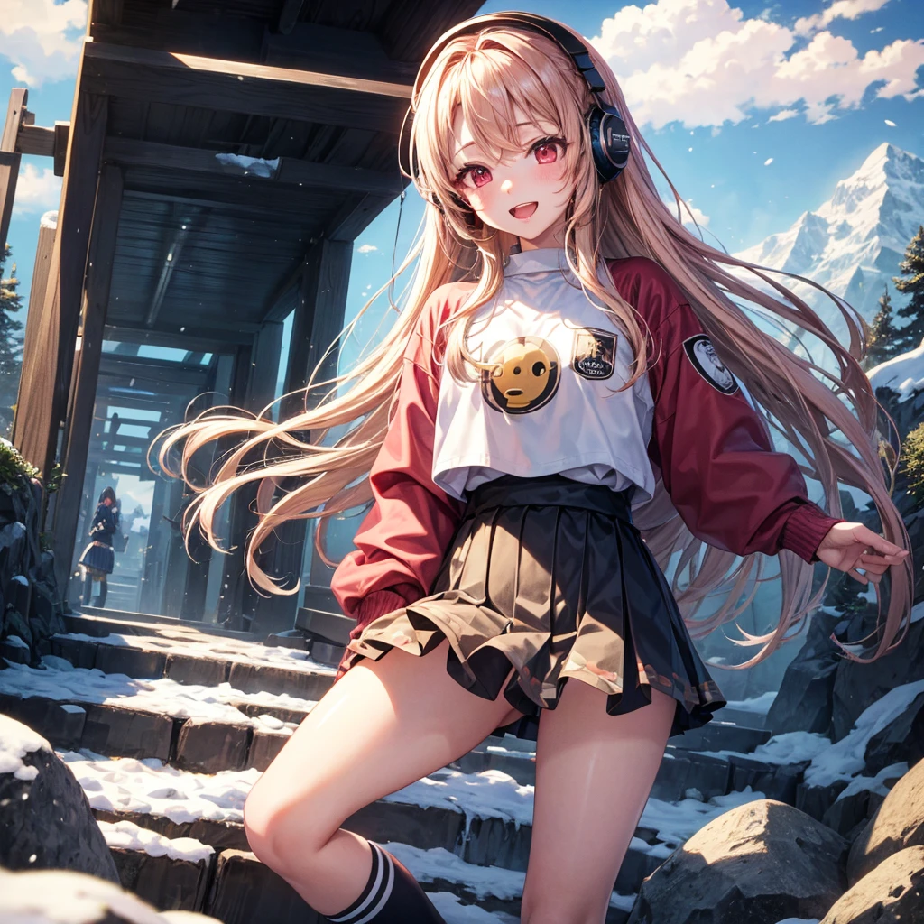 Pink gold golden hair、Red eyes、One good looking girl、solo、anime、Checkered mini skirt、The skirt has buttons、White T-shirt、Long sleeve、China、Black knee-high socks、Wearing headphones、Wearing a ribbon、Ribbon on waist、Tilting face、Teeth are visible、tunnel、Sunset sky、The rocks are exploding、Penguins are walking、Snow is piled up、Rocky Mountain、The clouds are breaking through、Contrail、Medusa