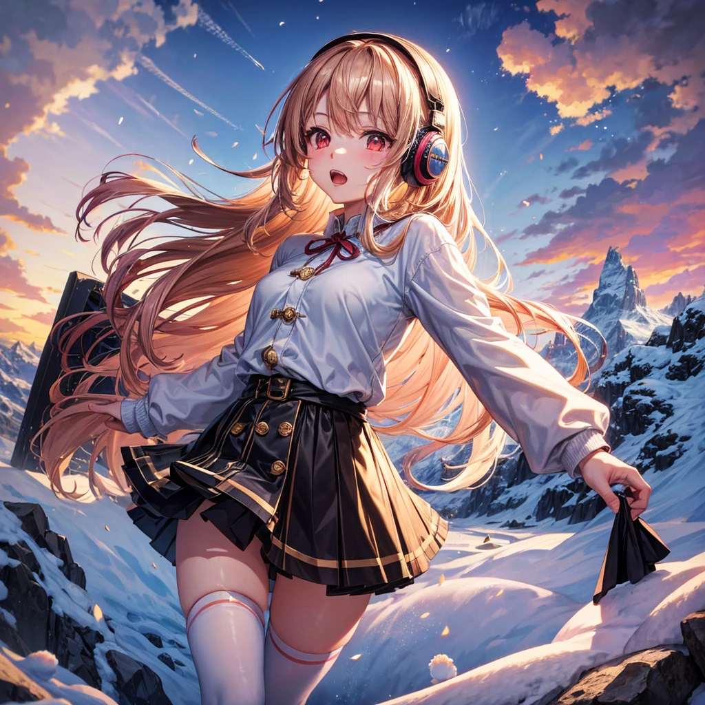 Pink gold golden hair、Red eyes、One good looking girl、solo、anime、Checkered mini skirt、The skirt has buttons、White T-shirt、Long sleeve、China、Black knee-high socks、Wearing headphones、Wearing a ribbon、Ribbon on waist、Tilting face、Teeth are visible、tunnel、Sunset sky、The rocks are exploding、Penguins are walking、Snow is piled up、Rocky Mountain、The clouds are breaking through、Contrail、Medusa