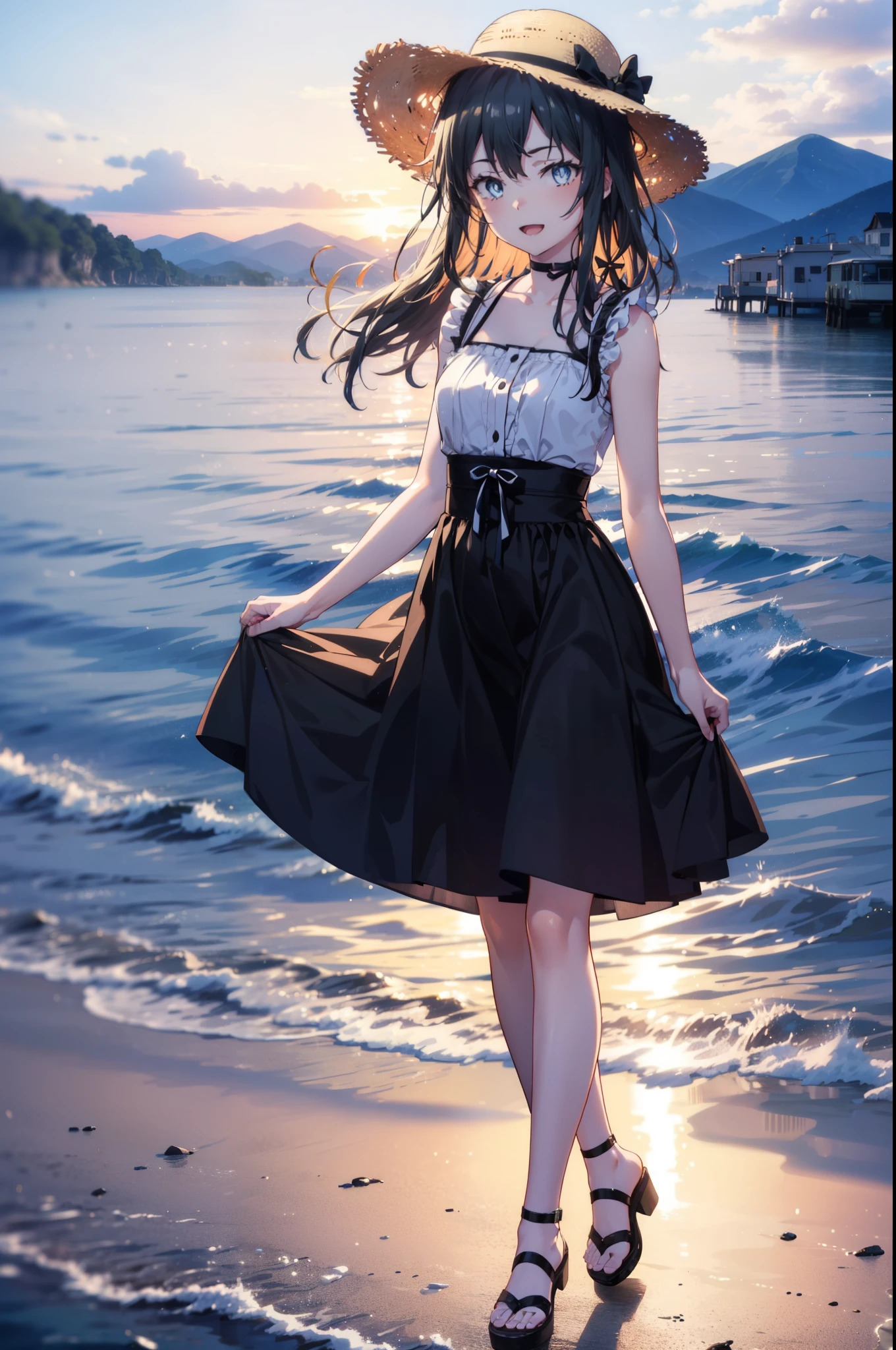 yukinoyukinoshita, Yukino yukinoshita, Black Hair, blue eyes, Long Hair,smile, Small breasts,happy smile, smile, Open your mouth,Straw hat,
, Sleeveless black dress,Black long skirt,Cute Sandals,walking,Real Summer,Daytime,sunny,whole bodyがイラストの中に入っていくように,evening,sunset,The sun is setting,
break outdoors ,Coastal Road　　　　　　　　　　　　　　break looking at viewer, whole body,
break (masterpiece:1.2), highest quality, High resolution, unity 8k wallpaper, (shape:0.8), (Beautiful and beautiful eyes:1.6), Highly detailed face, Perfect lighting, Highly detailed CG, (Perfect hands, Perfect Anatomy),