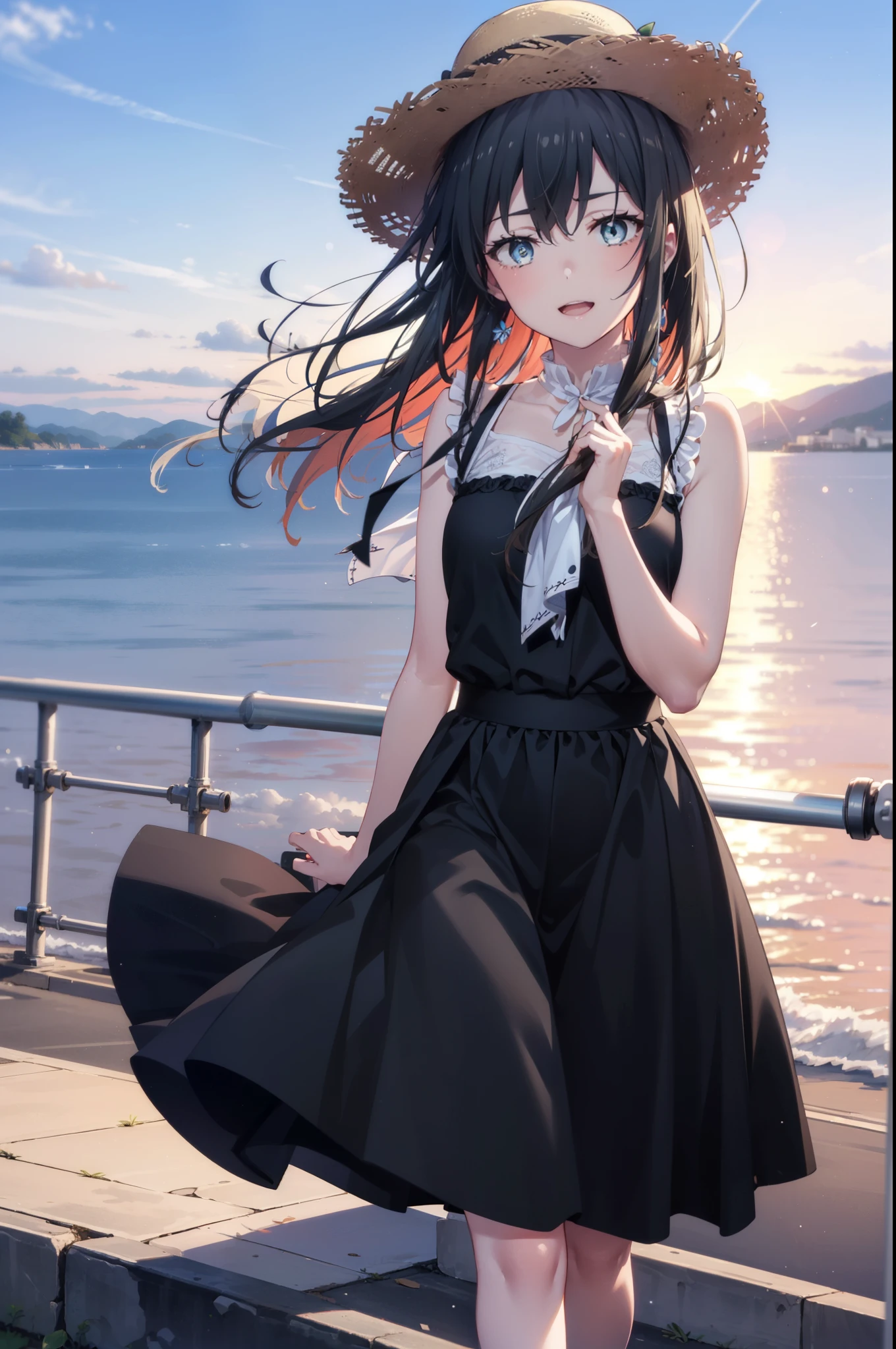 yukinoyukinoshita, Yukino yukinoshita, Black Hair, blue eyes, Long Hair,smile, Small breasts,happy smile, smile, Open your mouth,Straw hat,
, Sleeveless black dress,Black long skirt,Cute Sandals,walking,Real Summer,Daytime,sunny,whole bodyがイラストの中に入っていくように,evening,sunset,The sun is setting,
break outdoors ,Coastal Road　　　　　　　　　　　　　　break looking at viewer, whole body,
break (masterpiece:1.2), highest quality, High resolution, unity 8k wallpaper, (shape:0.8), (Beautiful and beautiful eyes:1.6), Highly detailed face, Perfect lighting, Highly detailed CG, (Perfect hands, Perfect Anatomy),