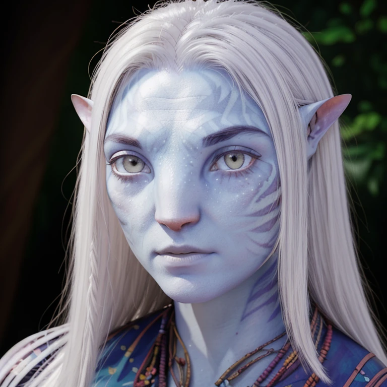 avatar style, (face portrait:1.4), naavi, 1boy, male, ((red eyes)), ((eyebrowless)), pointy ears, (white skin tone:1.0), (straight hair:1.0), silver hair color, ((long hair)), (young adult), 18 years old, face wrinkles, wearing colorful tribal clothing, (wearing tribal acessories), detailed eyes, toned body, muscled body, vibrant colors, glowing, ethereal atmosphere, surrealistic dreamy lighting, textured skin, otherworldly beauty, mesmerizing photography, (best quality, highres), vivid colors, ultrarealistic, skin details, striped skin, sfw, face close-up:0.5, ultradetailed body, ((white skin)), (albino person), albinism:1.5, AvLoak