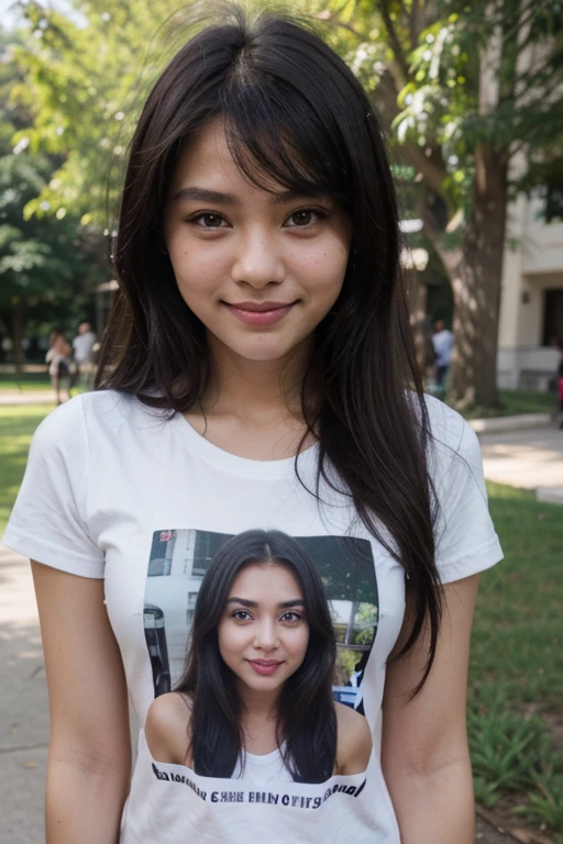 Front view selfie, natural black hair , dark hair, fair complexion, fair girl, filipino girl, beauty, big eyes, smile, Tshirt , fairl girl, park view, park selfie,