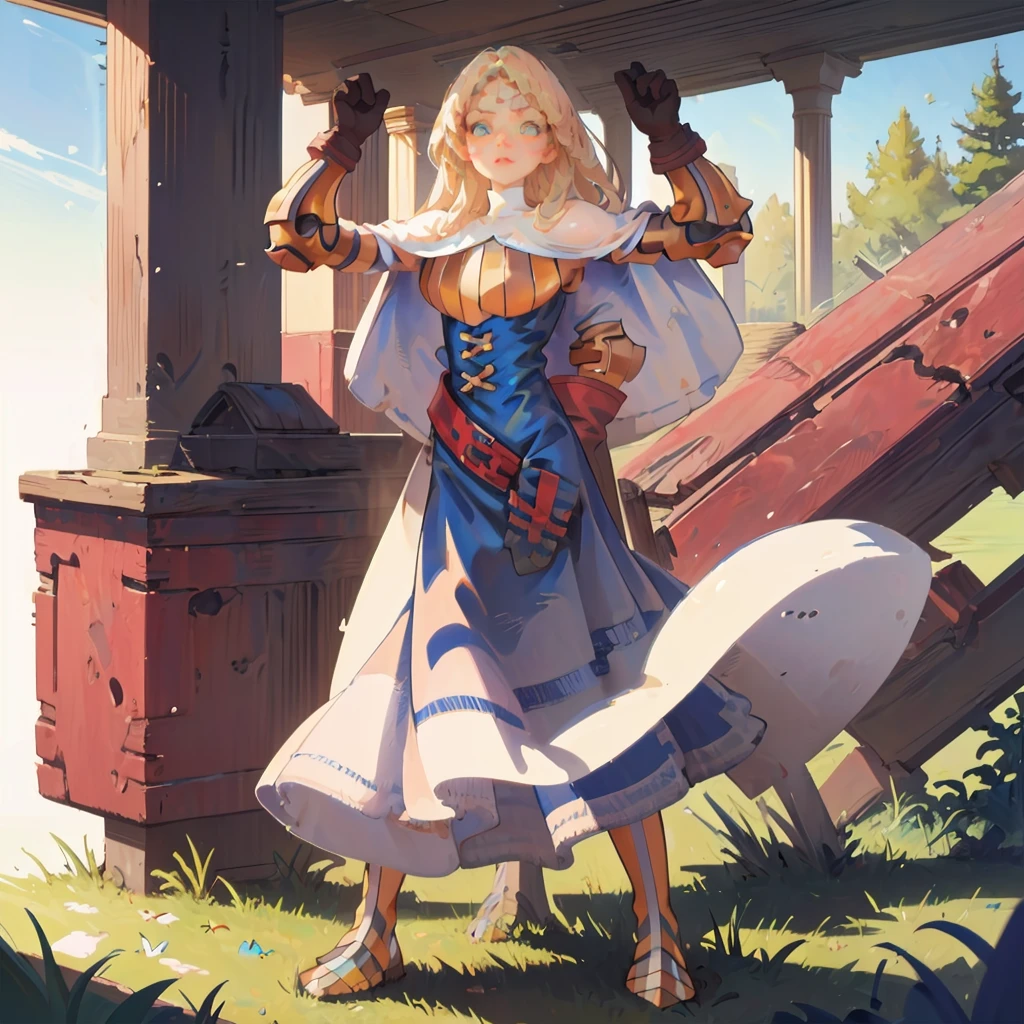 (masterpiece, best quality), 1girl, KnightFFT, long hair, blonde hair, blue eyes, cape, armor, blue dress, belt, gloves, boots