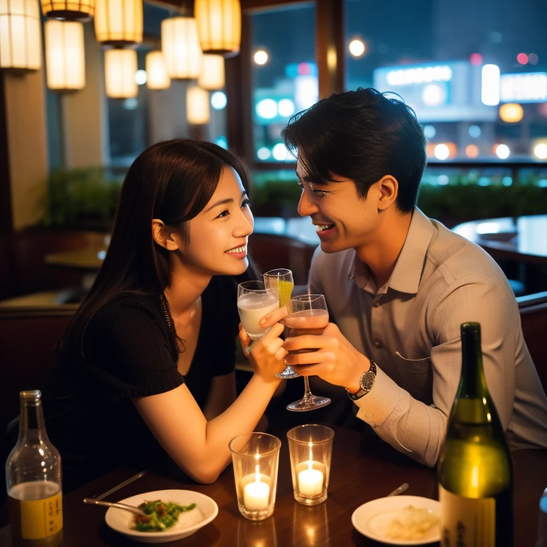(64K、UHD、top-quality、​masterpiece:1.2)、(realisitic、Photorealsitic:1.37)、ultra-detailliert、1 pretty lady、(Slim Faces)、(Slim body)、（brawn hair）、(short-cut)、blush a little on the cheeks、(36-years old)、38 years、独奏、Beautiful detailed urban night view outside the window、resturant、Wine glasses in a prominent place、natta、(from waist up)、sitting on、date、(a smile:1.15)、Beautiful fine eyes、The upper part of the body、bustup、natta、party dress、japanes、(short-hair:1.2)、Float NovaFrogStyle、女優、modeled、from waist up、white wine、Slimed、wine glasses、Super beautiful night view、Put the wine glass in the middle、Happy smile、
