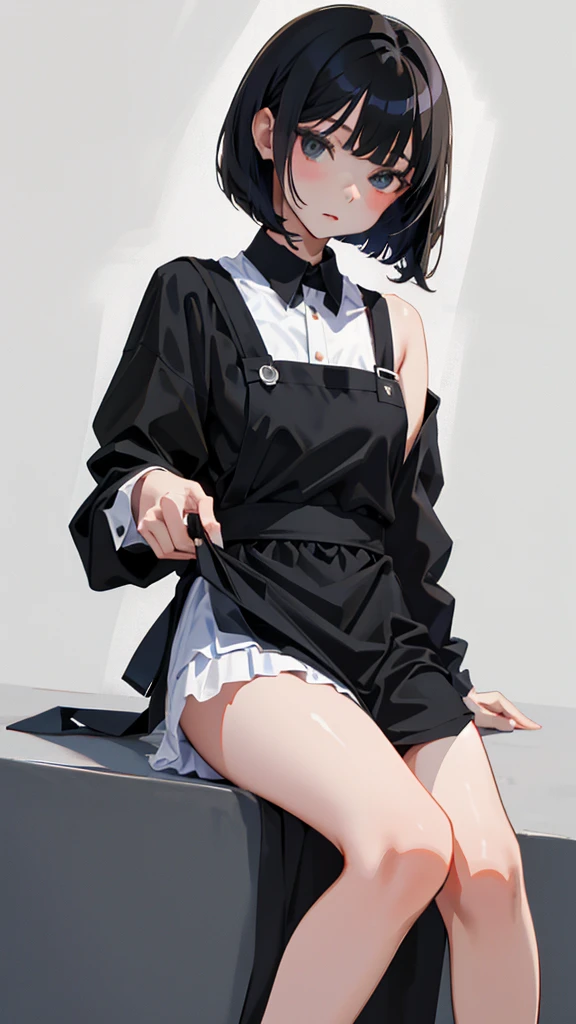 (Short cute girl,Young students,Young delicate girl),(masterpiece,top quality),Black checkered apron,Black medium Bob,Sleepy,White background