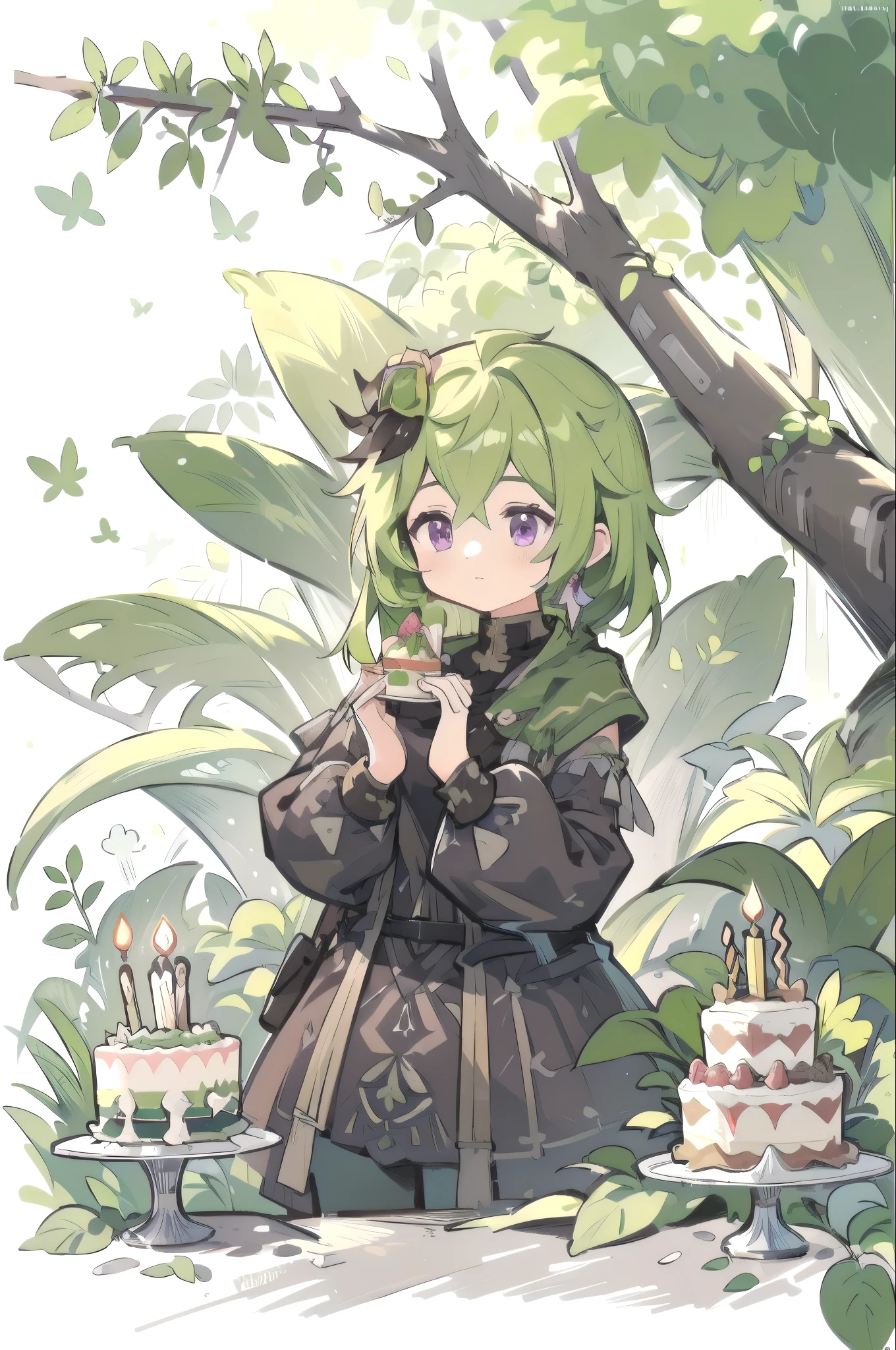 1 girl solo, green hair, purple eyes, long brown sleeves, brown dress, golden accessories, Slight vintage color,planar,,illustration,adolable,Leave white space,low-saturation,Lots of flowers，Individually arranged，leafs，branches，in the tropical forest, trees, flowers, mushrooms, (((holding a birthday cake in her hands)))