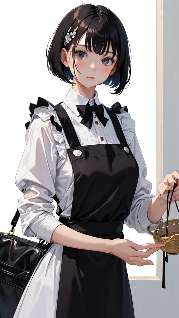 (Short cute girl,Young students,Young delicate girl),(masterpiece,top quality),Black plaid apron,Black medium Bob,Sleepy,White background