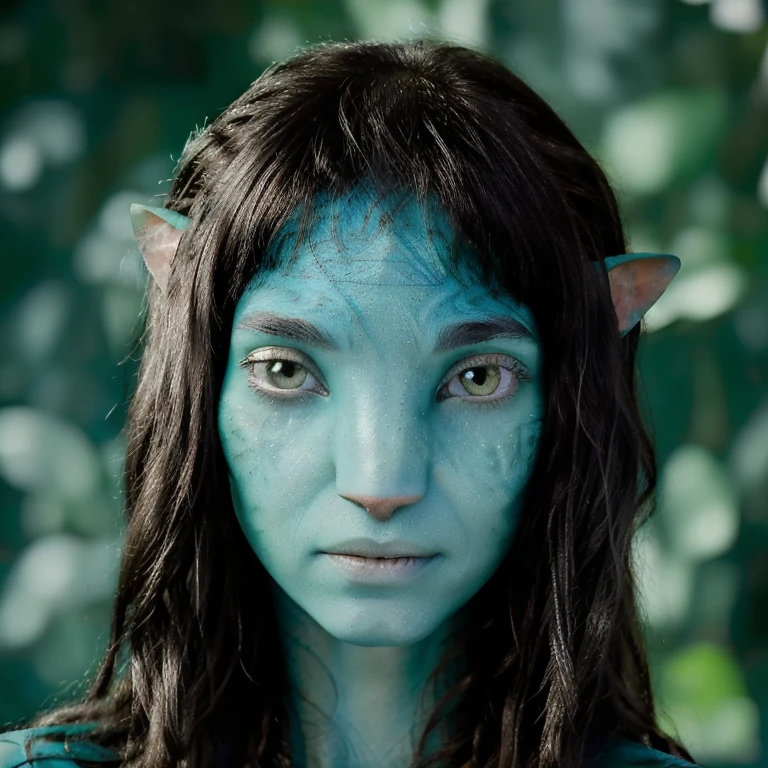 avatar style, (face portrait:1.6), naavi, 1girl, female, (green eyes), (big eyes), ((eyebrowless)), pointy ears, (turquoise skin tone:1.0), (straight hair:1.0), black hair color, ((long hair)), (young adult), 18 years old, face wrinkles, wearing colorful tribal clothing, (wearing tribal acessories), detailed eyes, toned body, muscled body, vibrant colors, glowing, ethereal atmosphere, surrealistic dreamy lighting, textured skin, otherworldly beauty, mesmerizing photography, (best quality, highres), vivid colors, ultrarealistic, skin details, striped skin, sfw, face close-up:0.5, ultradetailed body, ((turquoise skin)), AvTsireya