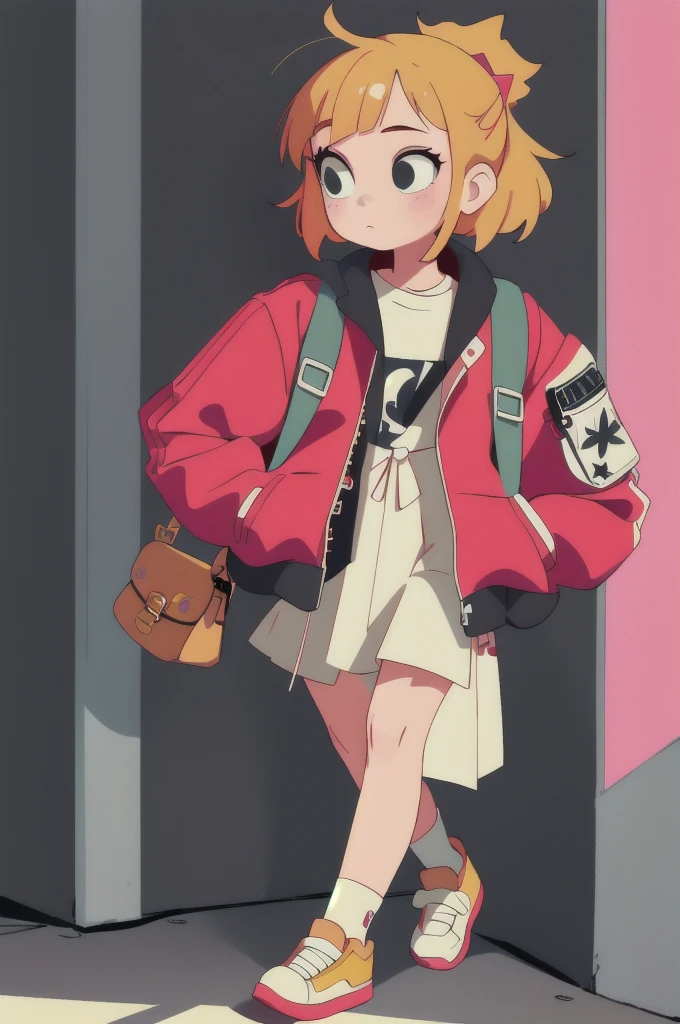 masterpiece,best quality,1 Girl,Pop music,punk, Bag,trip,Walk,Simple background,