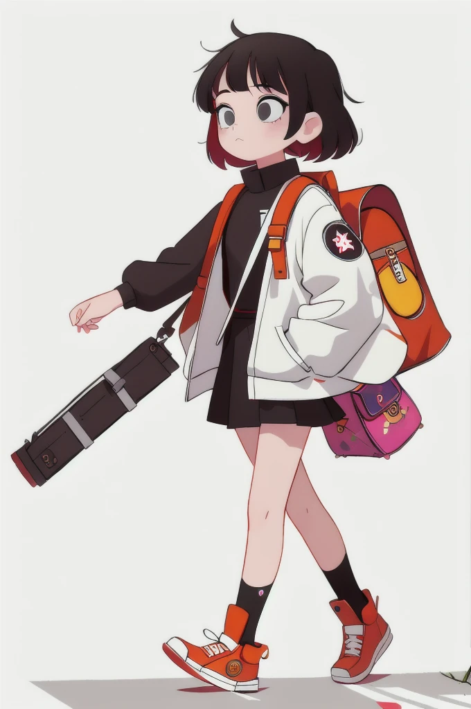 masterpiece,best quality,1 Girl,Pop music,punk, Bag,trip,Walk,Simple background,