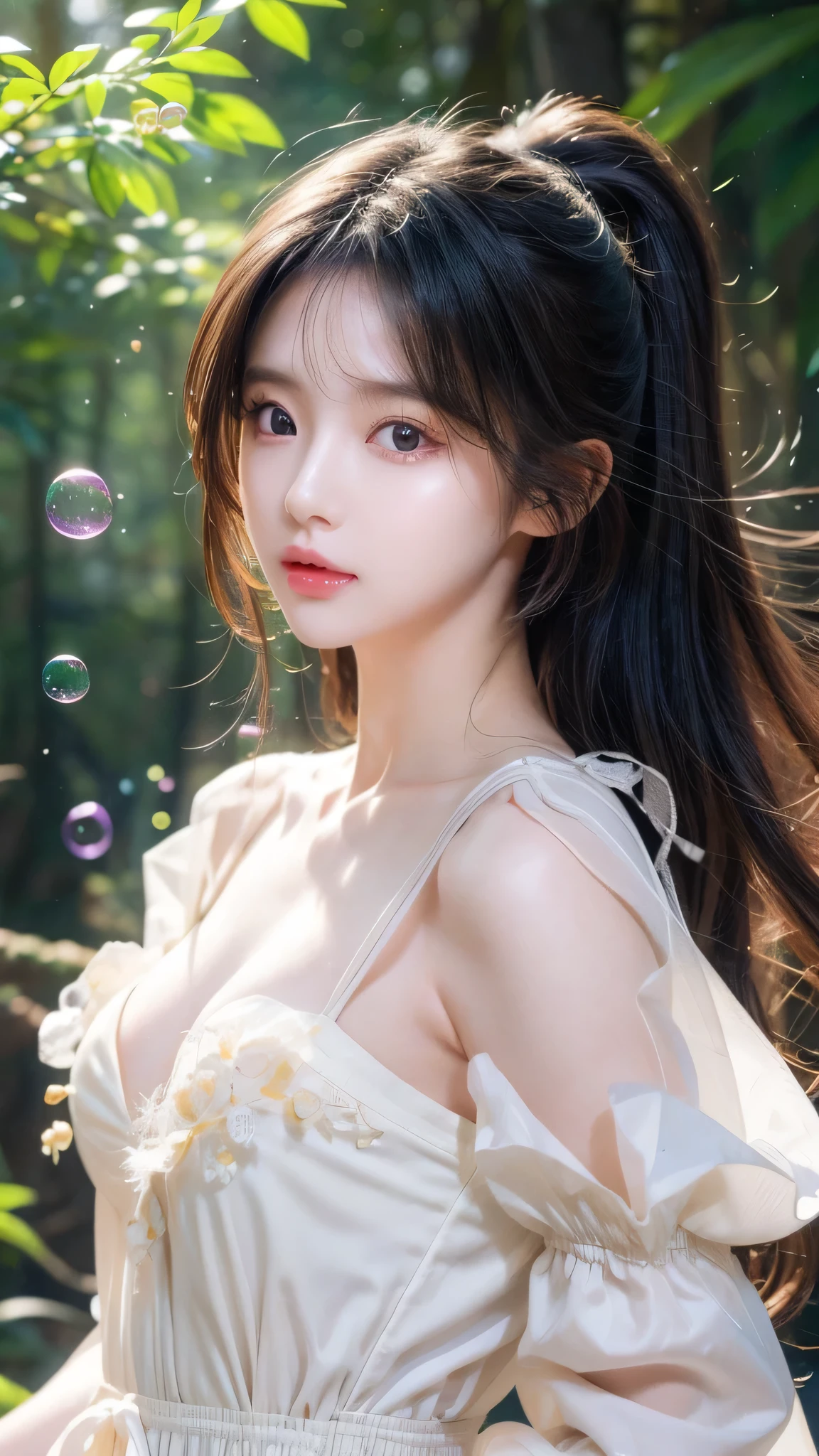 Nashida (masterpiece), (best quality), (Super detailed),(Messy hair),(illustration), (1 Girl), Beautiful and delicate eyes,Delicate and beautiful face,floating,(High Saturation),(Colorful splash),Colorful bubbles,(shining),focus on face, Walking in a forest full of colorful mushrooms