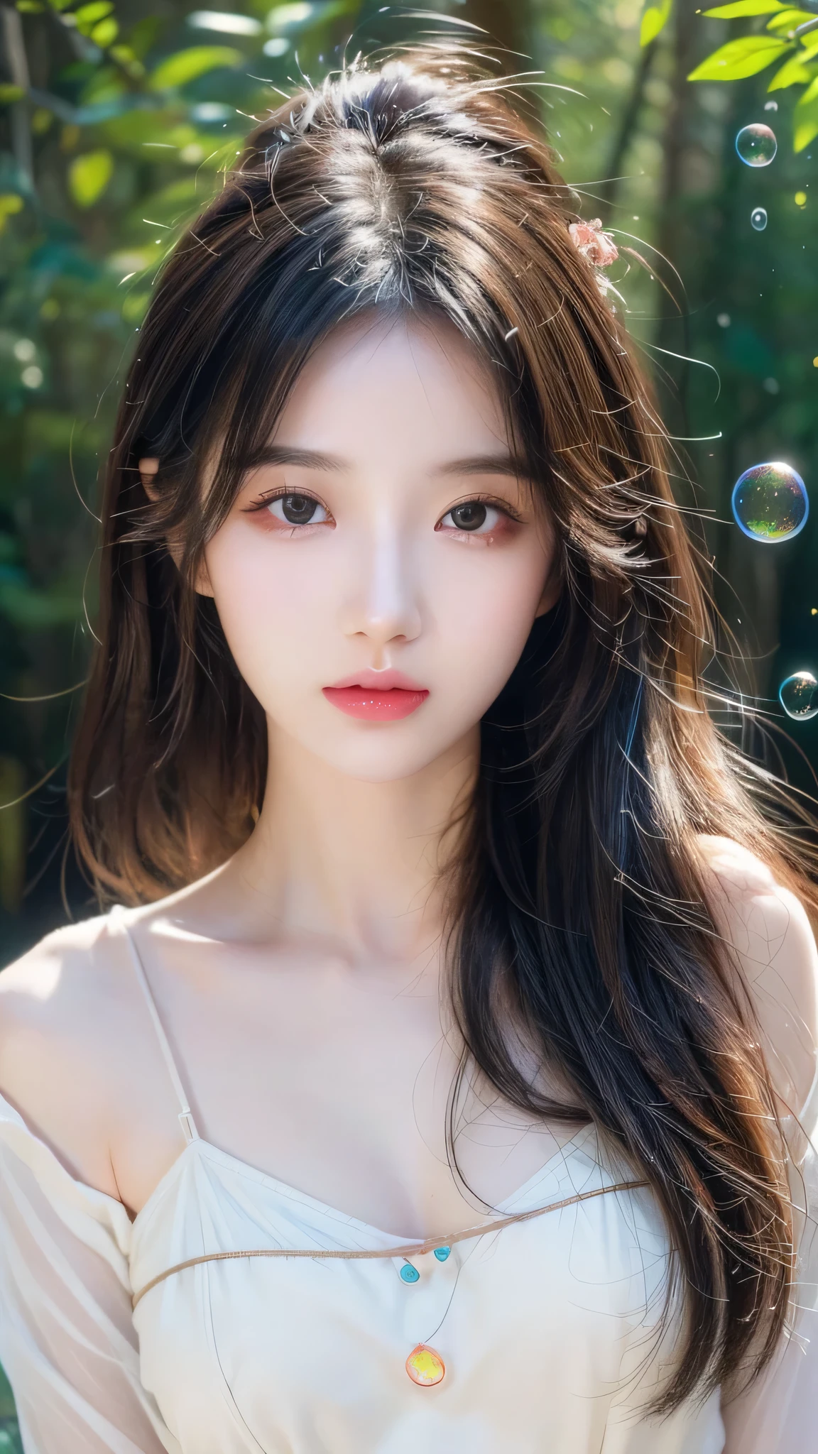 Nashida (masterpiece), (best quality), (Super detailed),(Messy hair),(illustration), (1 Girl), Beautiful and delicate eyes,Delicate and beautiful face,floating,(High Saturation),(Colorful splash),Colorful bubbles,(shining),focus on face, Walking in a forest full of colorful mushrooms