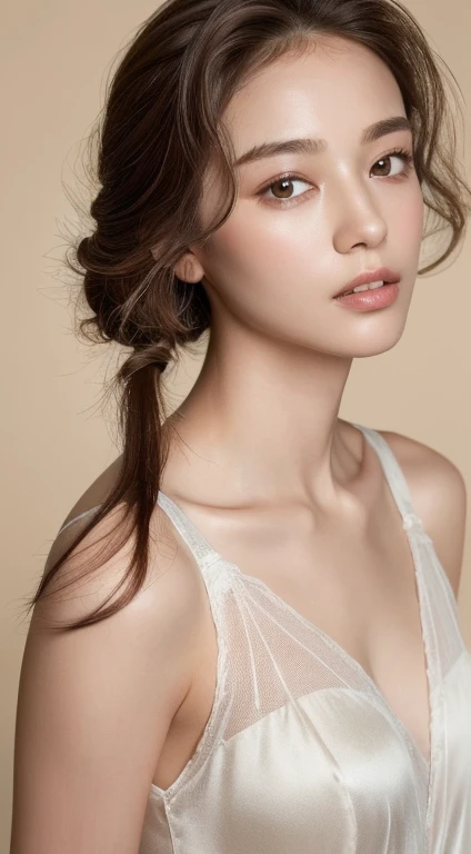 ((highest quality, 8k, masterpiece :1.3)), One Girl, beautiful woman with slim abs :1.3, (Random Hairstyles :1.2), White silk lingerie :1.2, Highly detailed face, fine grain, double eyelid, Underarm,Full Body Portrait,