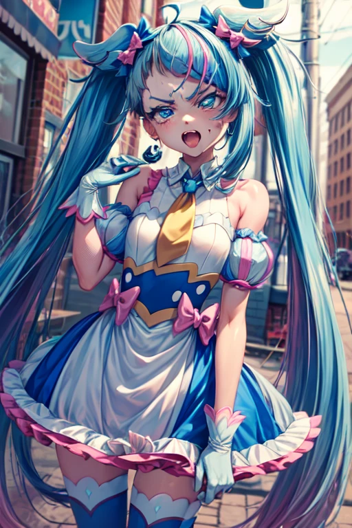 1girl, city, public, ahegao, drool, defeat, grabed head, cure sky,