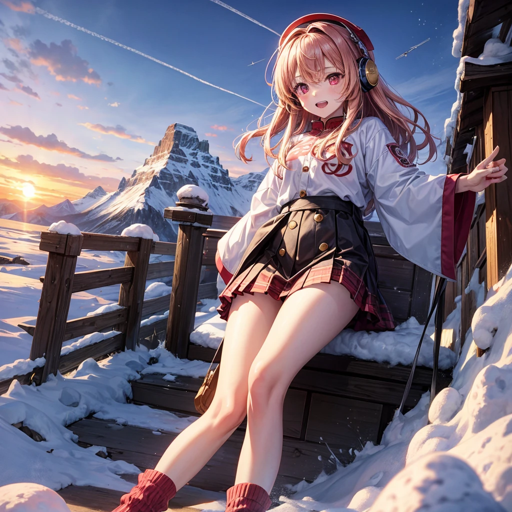 Pink gold golden hair、Red eyes、One good looking girl、solo、anime、Checkered mini skirt、The skirt has buttons、Red T-shirt、Long sleeve、China、Black knee-high socks、Wearing headphones、Wearing a ribbon、Ribbon on waist、Tilting face、Teeth are visible、tunnel、Sunset sky、The rocks are exploding、Penguins are walking、Snow is piled up、Rocky Mountain、The clouds are breaking through、Contrail、Medusa
