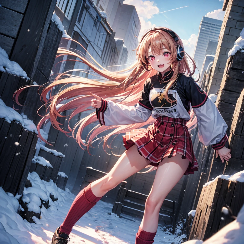 Pink gold golden hair、Red eyes、One good looking girl、solo、anime、Checkered mini skirt、The skirt has buttons、Red T-shirt、Long sleeve、China、Black knee-high socks、Wearing headphones、Wearing a ribbon、Ribbon on waist、Tilting face、Teeth are visible、tunnel、Sunset sky、The rocks are exploding、Penguins are walking、Snow is piled up、Rocky Mountain、The clouds are breaking through、Contrail、Medusa