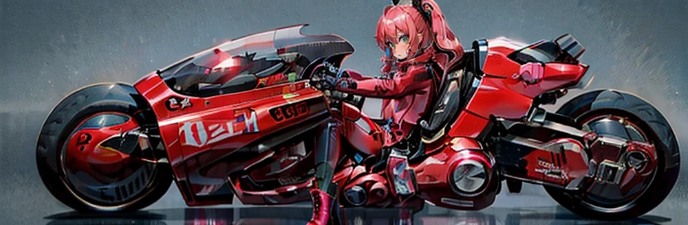 1lady and bike,cool bike,beautiful bike,fantastic bike,she has pink hair and long hair,black leather jacket and red leather pants,dark boots,she ride a bike,dynamic