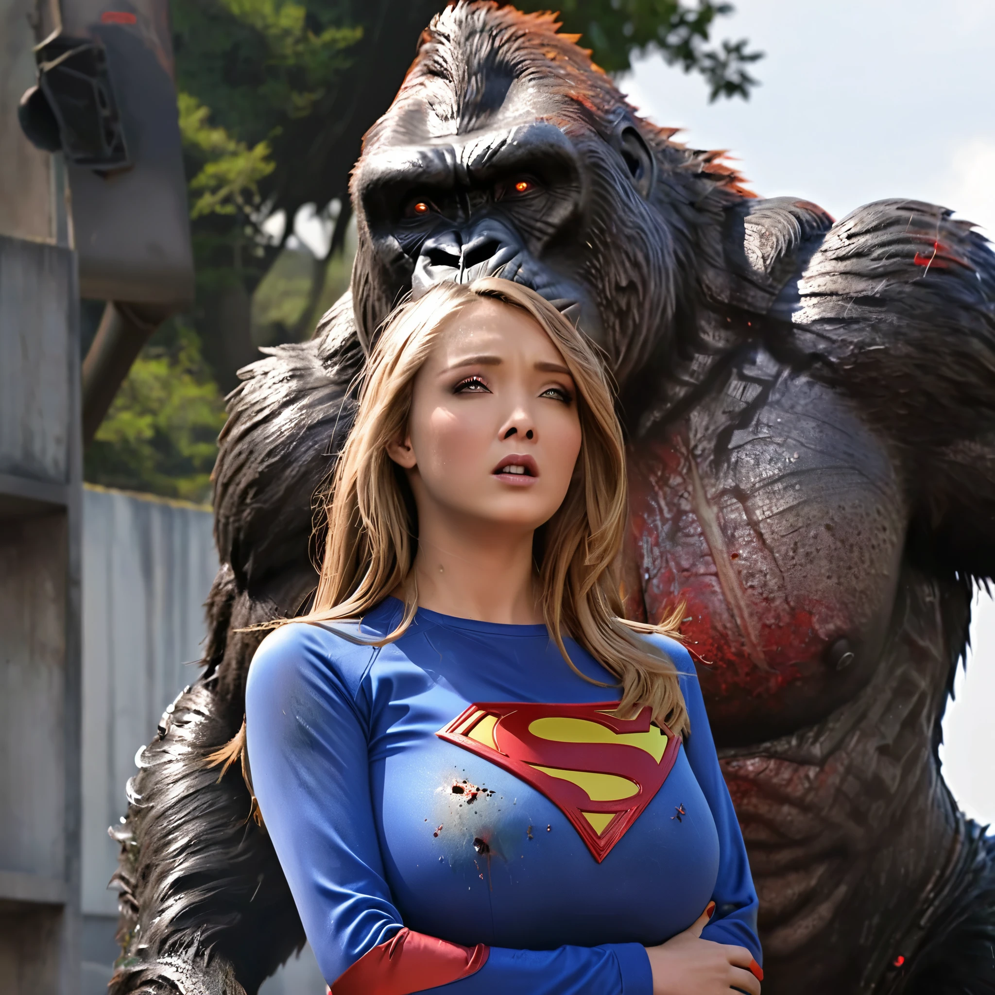 (Show all of Super Girl, head to toe, full body portrait) (best quality,4k,highres,masterpiece:1.2),ultra-detailed,realistic,portraits,vivid colors,dramatic lighting,Supergirl,annoyed,tattered uniform (scorched, many holes) ,ragged uniform,smoking crater,offended,shocked, (Subject 2: attacking alien robot gorilla, rocket launcher) Please make sure your output is separated by commas.","Separated。The following is an example for reference： ``` (best quality,4k,highres,masterpiece:1.2),ultra-detailed,realistic,portraits,vivid colors,dramatic lighting,Supergirl,annoyed,tattered uniform,ragged uniform,smoking crater,offended,shocked, (subject 2: attacking alien robot gorilla, rocket launcher) (scene takes place in Tokyo, many wounded and dead civilians)