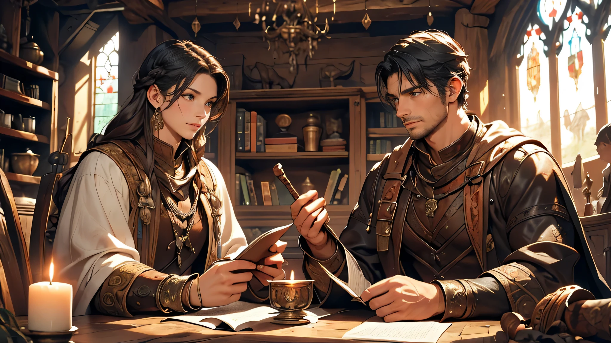 (highres,masterpiece:1.2),ultra-detailed,medieval fantasy,a girl with long black braided hair,talkative demeanor,expressive face,living room setting,adventure clothes in black,eye-catching outfit,sturdy leather boots,young man in shabby white clothes,genuine expression,cozy atmosphere,romantic candlelight,aged wooden furniture,elaborate decorations on the walls,vibrant tapestries,crackling fireplace,historical charm,bookshelf filled with ancient manuscripts,worn-out leather armchairs,high vaulted ceiling with exposed wooden beams,mysterious artifacts and weapons displayed along the walls,sunlight filtering through stained glass windows,oakwood dining table,unusual medieval-themed decorations,artificially aged antique mirror,curtains made of rich velvet fabric,intricate patterns,deep color palette,soft and warm lighting,peaceful ambiance,engrossed in conversation.