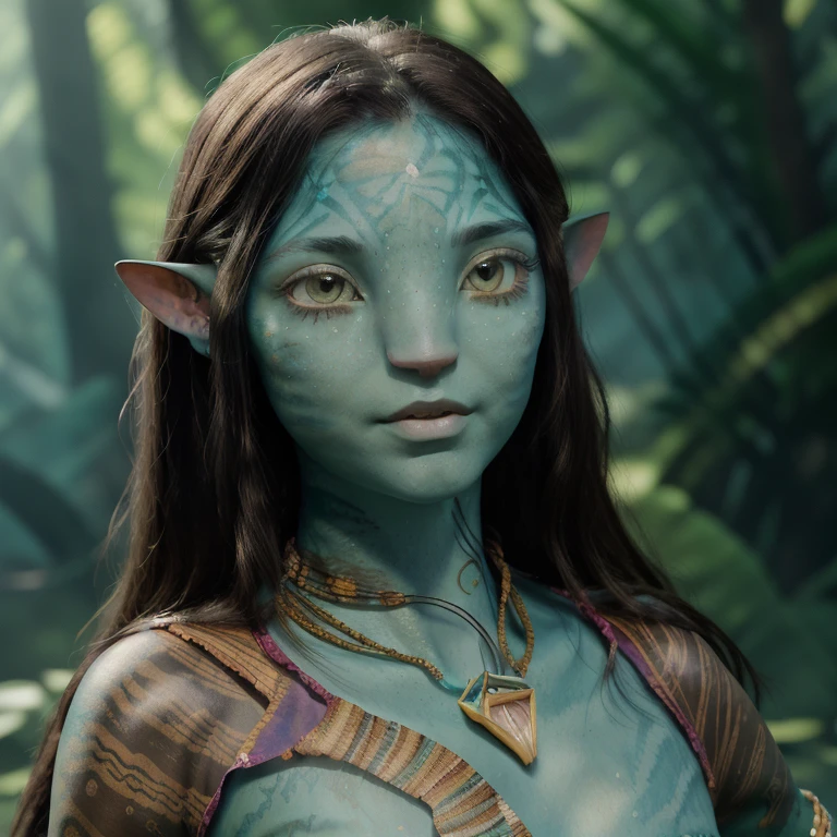 avatar style, (face portrait:1.6), naavi, 1girl, female, (green eyes), (big eyes), ((eyebrowless)), pointy ears, (turquoise skin tone:1.0), (straight hair:1.0), black hair color, ((long hair)), (young adult), 18 years old, face wrinkles, wearing colorful tribal clothing, (wearing tribal acessories), detailed eyes, toned body, muscled body, vibrant colors, glowing, ethereal atmosphere, surrealistic dreamy lighting, textured skin, otherworldly beauty, mesmerizing photography, (best quality, highres), vivid colors, ultrarealistic, skin details, striped skin, sfw, face close-up:0.5, ultradetailed body, ((turquoise skin)), AvTsireya, IsabelaMerced