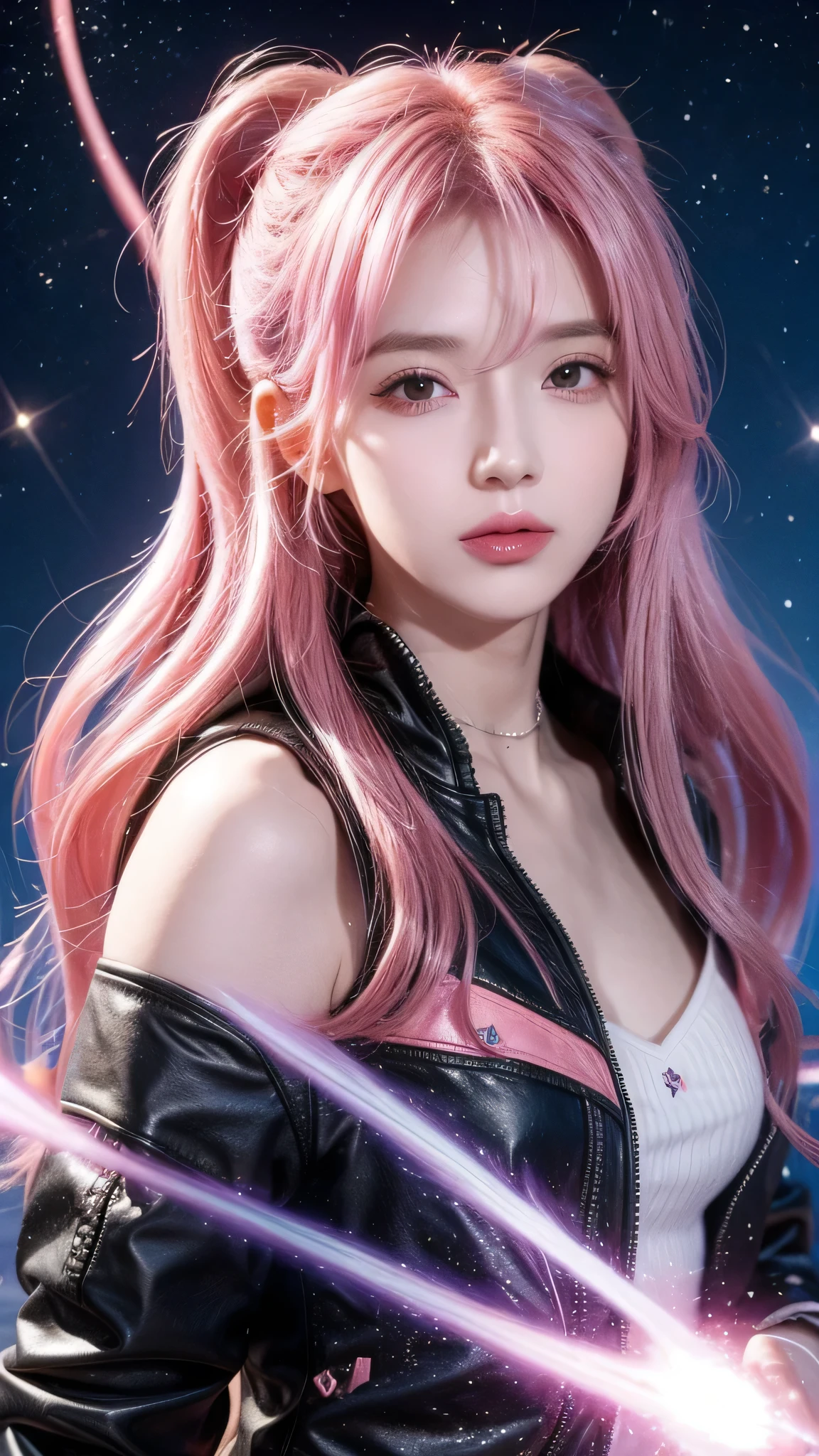 (8K, top-quality, masterpiece:1.2), (realistic, photorealistic:1.37), Super Detail, One girl, (Highly detailed), (beautifully detailed eyes), (of the highest quality), (super detailed), (masterpiece), (Detailed face),20yr old, 1 girl, (pink hair,long hair), medium breasts, clothed, Perfect Lighting, BREAK, (close-up from upper body to knees:1.5), (flowing long pink hair with shooting star accent:1.4), (smile:1.3), (natural arms position with one leg slightly forward:1.4), (gradient background from deep sea blue to space black with stardust and marine life:1.3), (soft side lighting emphasizing bodysuit texture and color gradient:1.4), BREAK, (interstellar traveler theme:1.5), (midnight blue with white and gold accents:1.4), (reflective lycra material:1.4), (tight fit:1.5), (accentuating feminine curves:1.5), (midnight blue and gold high heels:1.3), (constellation motif necklace:1.2), (earrings:1.2)