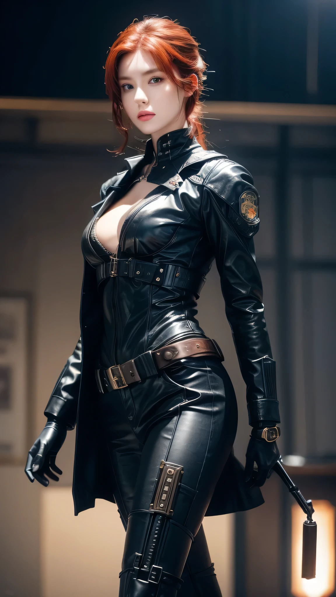 A woman stood in front of a group of robots, Steampunk male portrait, synthesis, Beautiful woman, Stormy war scene, Inspired by Richard Avedon, A black diesel punk policewoman, Red-haired woman, Girl in a suit, Exquisite fashion clothing, beautiful female soldier
