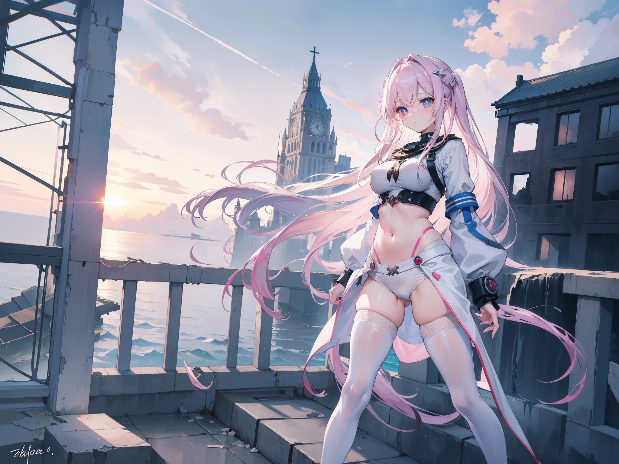 beautiful girl,White long hair,curls,Blue pupils,An expression of disdain,(Dilapidated building),White leggings,(Tights),(Energy core),White knee socks,belly button,Leather lace-up boots,(pubic),(Cross-sea bridge),dusk,(evening),Pink sky,Fire Cloud,(Sea surface reflecting the sky),Cinematic texture,Exquisite light and shadow