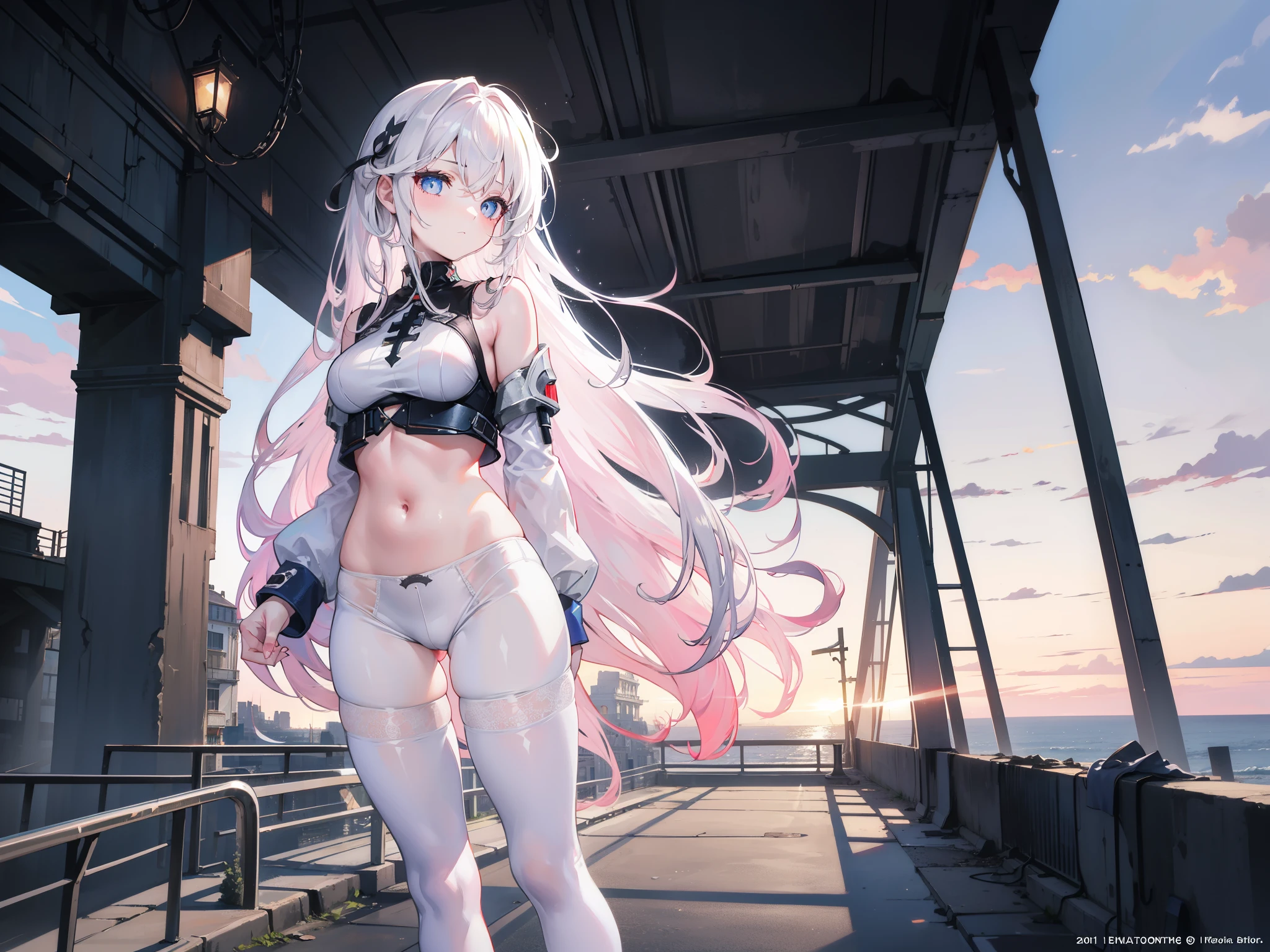 beautiful girl，White long hair，curls，Blue pupils，An expression of disdain，(Dilapidated building)，White leggings，(Tights)，(Energy core)，White knee socks，belly button，Leather lace-up boots，(pubic)，(Cross-sea bridge)，dusk，(evening)，Pink sky，Fire Cloud，(Sea surface reflecting the sky)，Cinematic texture，Exquisite light and shadow