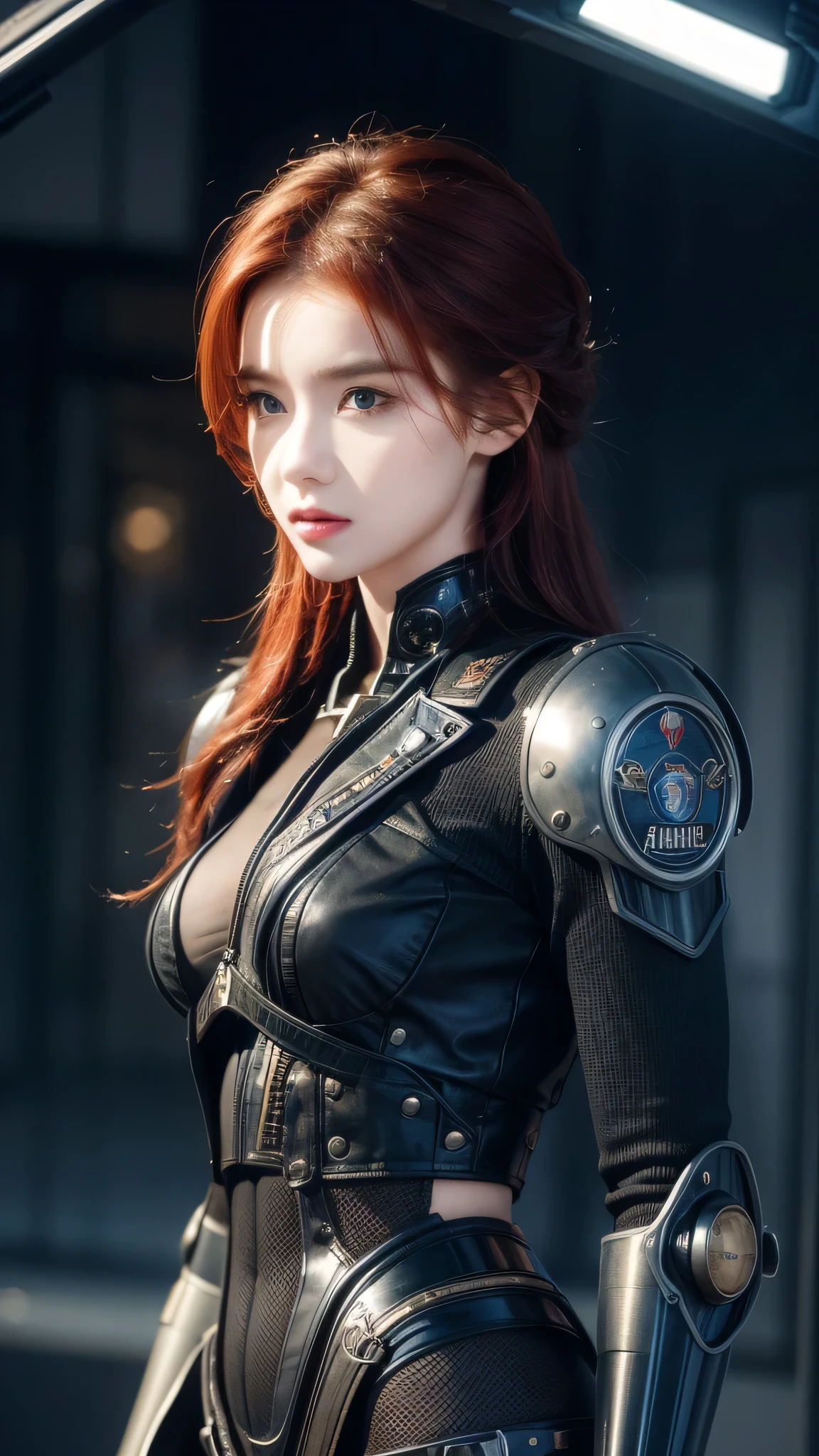A woman stood in front of a group of robots, Steampunk male portrait, synthesis, Beautiful woman, Stormy war scene, Inspired by Richard Avedon, A black diesel punk policewoman, Red-haired woman, Girl in a suit, Exquisite fashion clothing, beautiful female soldier