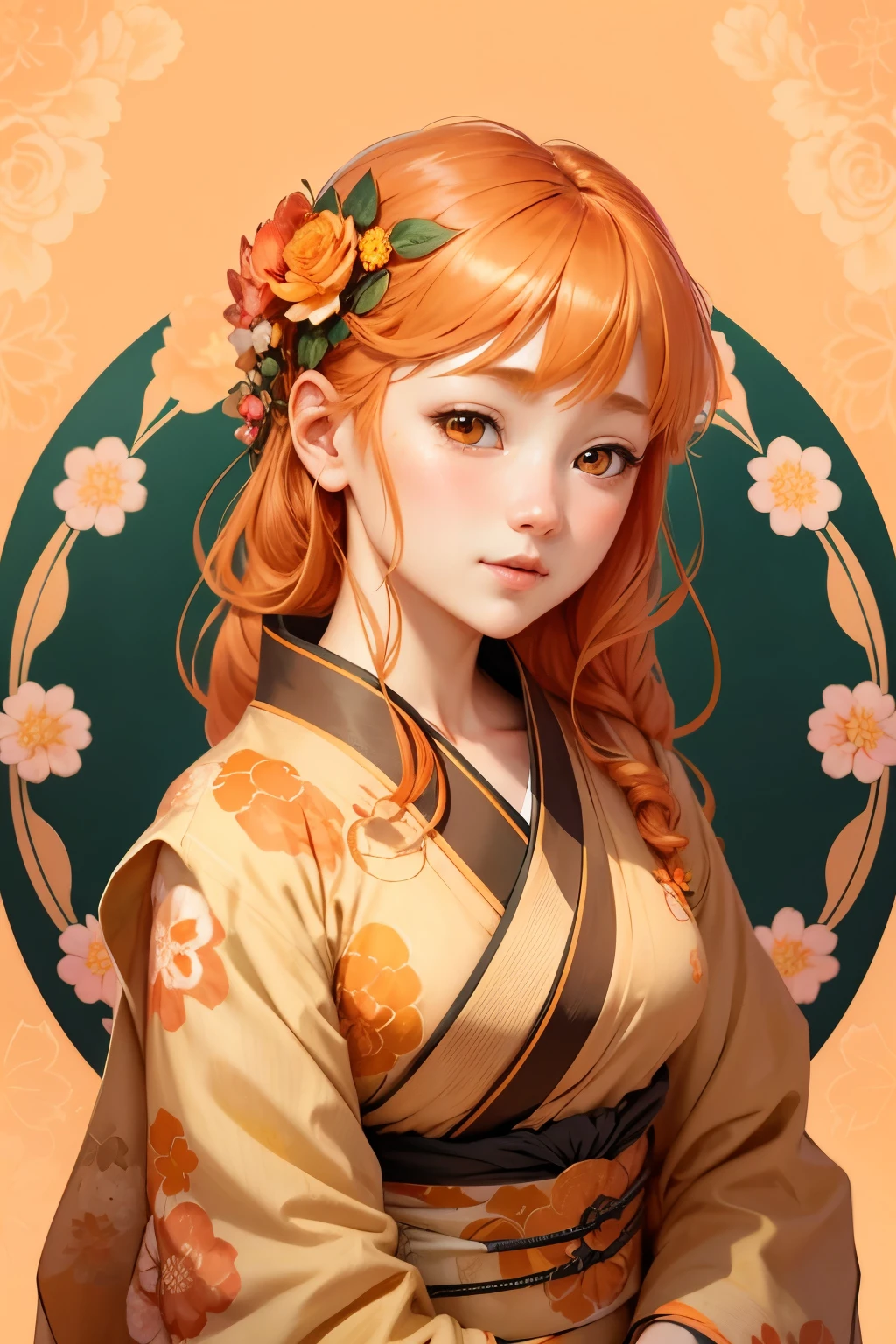 Girl　Flower pattern kimono　Rose　　Floral Background　cute　Orange hair bundle　Golden Eyes　Open your mouth and laugh　Ultra-realistic　Alphonse Mucha&#39;s decoration　The fairies dance　goddess　Mandala Background　A wide variety of floral backgrounds　art　art　Coloring book　rabbit　Lace horizontal
