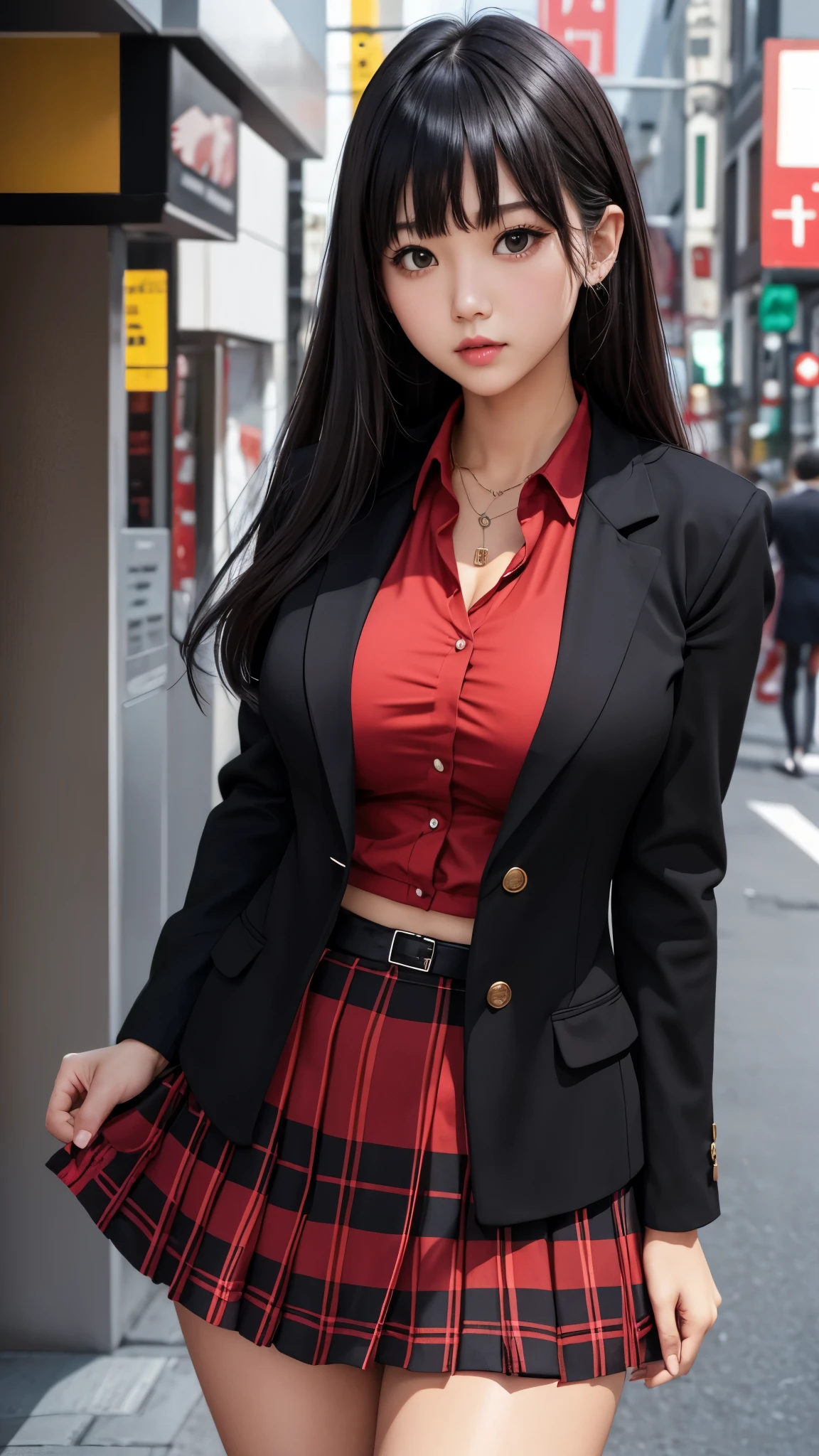 Detailed face、highlight、Asian、girl、thigh、breast enhancement、black髪、Heavy bangs、(Checked skirt、)(blazer、red、black、)