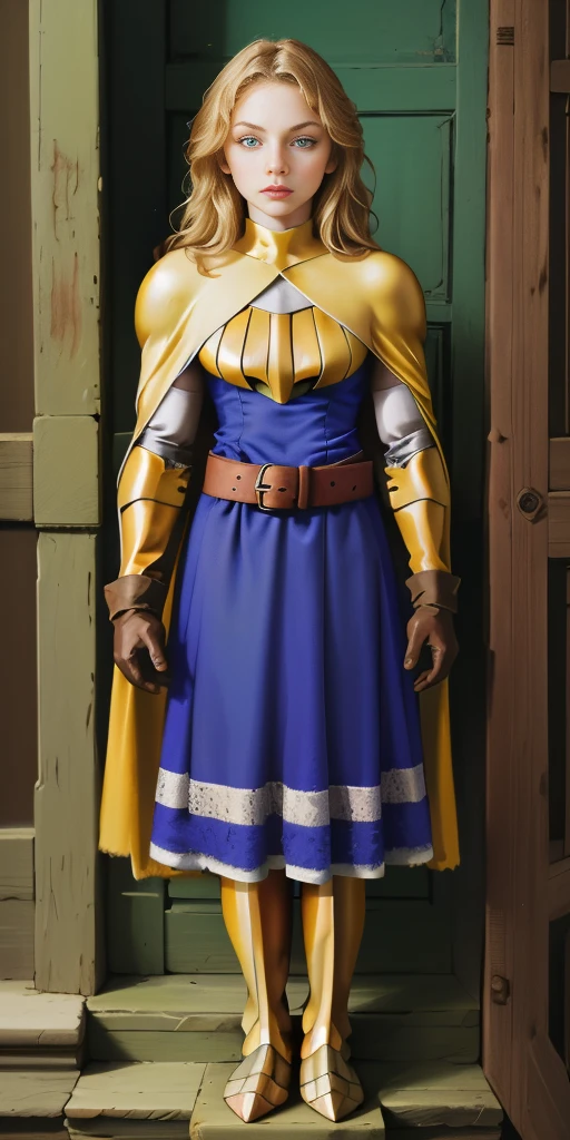 (masterpiece, best quality), 1girl, KnightFFT, long hair, blonde hair, blue eyes, cape, armor, blue dress, belt, gloves, boots