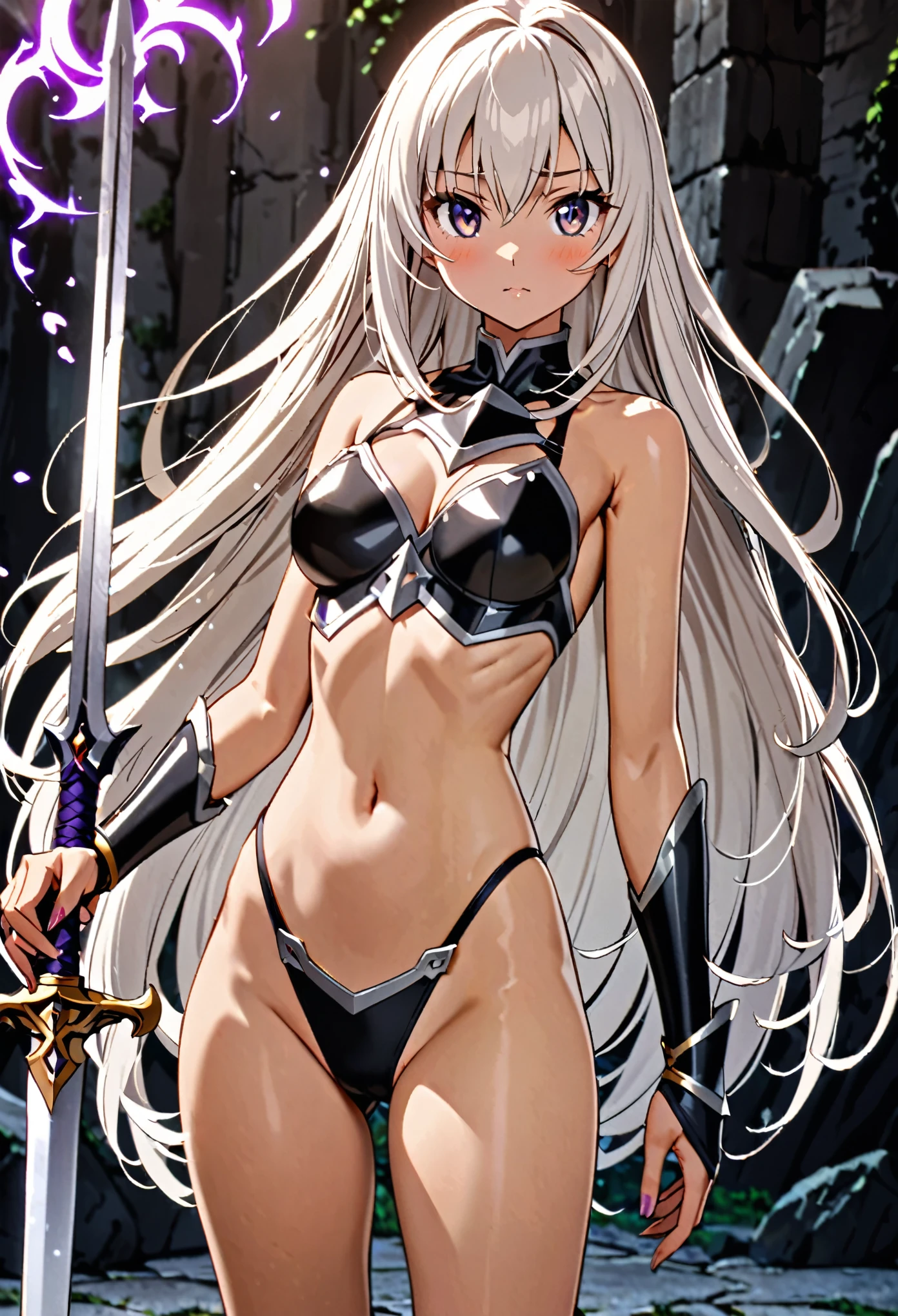 Fantasy art、1 female,The perfect 25 years old,((ideal ratio body proportions,small head:1.7,brown skin)),((high quality anime, 8k,masterpiece,Perfect Anatomy)),(beautiful detailed face and eyes,gorgeous eye:1.3,Almond Eyes),female knight、(silver hair),Straight long hair,bangs,blush,medium breasts,slender body,skinny,Sexy Bikini Armor、A world of swords and magic、