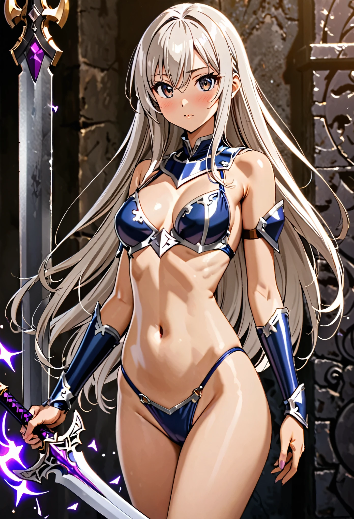 Fantasy art、1 female,The perfect 25 years old,((ideal ratio body proportions,small head:1.7,brown skin)),((high quality anime, 8k,masterpiece,Perfect Anatomy)),(beautiful detailed face and eyes,gorgeous eye:1.3,Almond Eyes),female knight、(silver hair),Straight long hair,bangs,blush,medium breasts,slender body,skinny,Sexy Bikini Armor、A world of swords and magic、