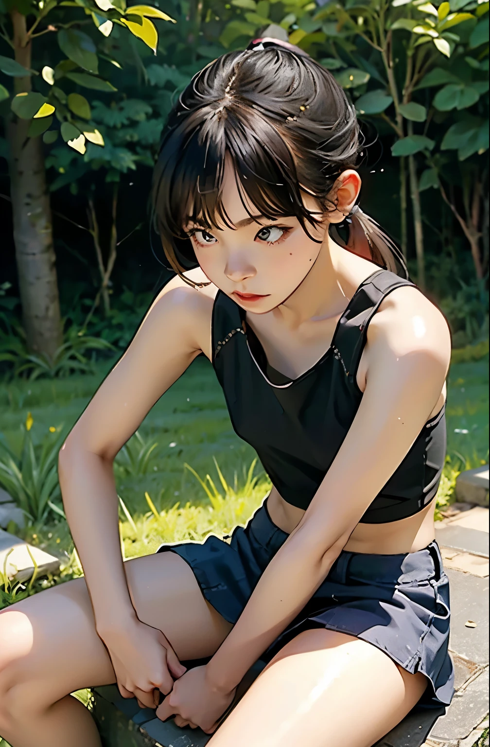 Leg spread、crouched down、ponytail