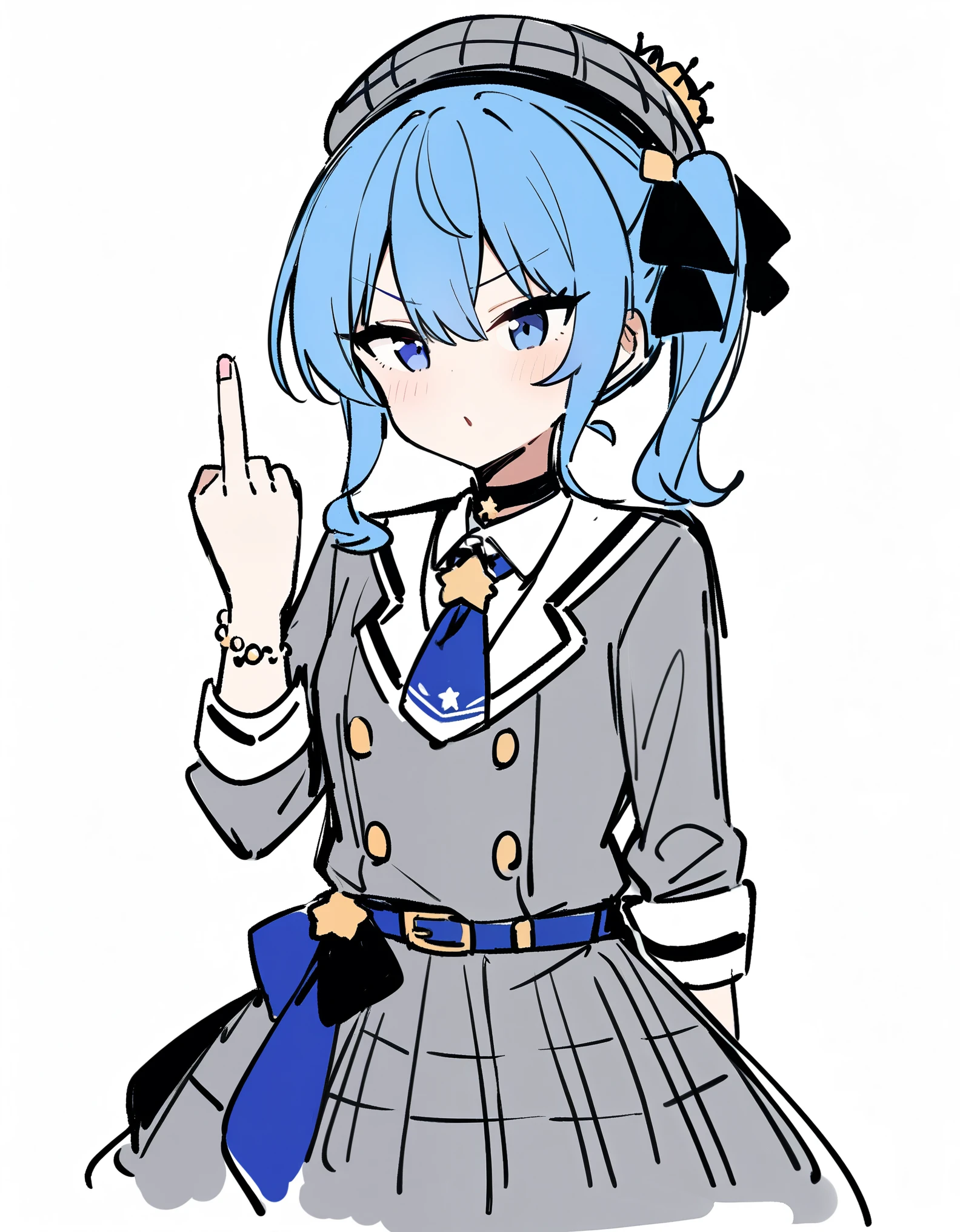 One girl, alone, hoshimachi suisei \(First outfit\), sketch,
Middle finger, Side Ponytail, 
White Background,
masterpiece, highest quality, so beautiful, Absurd,