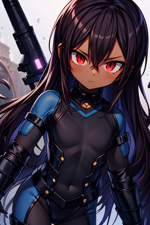 Masterpiece High res, high definition, (((dark skin tone))),dark skin male, dark skin, cute shota,red eyes, black hairpin, brown hair, long dark brown hair,meechs_musame, cyber wear,wearing a black exoskeleton, detached sleeves, black Gauntlets,  black cybertech bodysuit,black exoskeleton ninja suit, black fingerless gloves, blue accents, 
