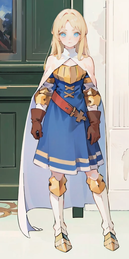 (masterpiece, best quality), 1girl,  KnightFFT, long hair, blonde hair, blue eyes, cape, armor, blue dress, belt, gloves, boots